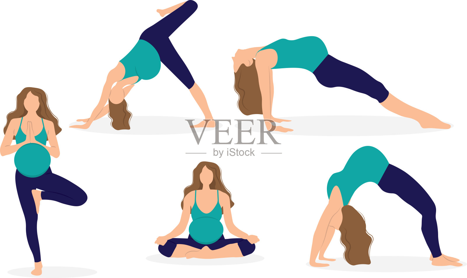 孕妇做瑜伽。一组瑜伽姿势。健康的怀孕插画图片素材