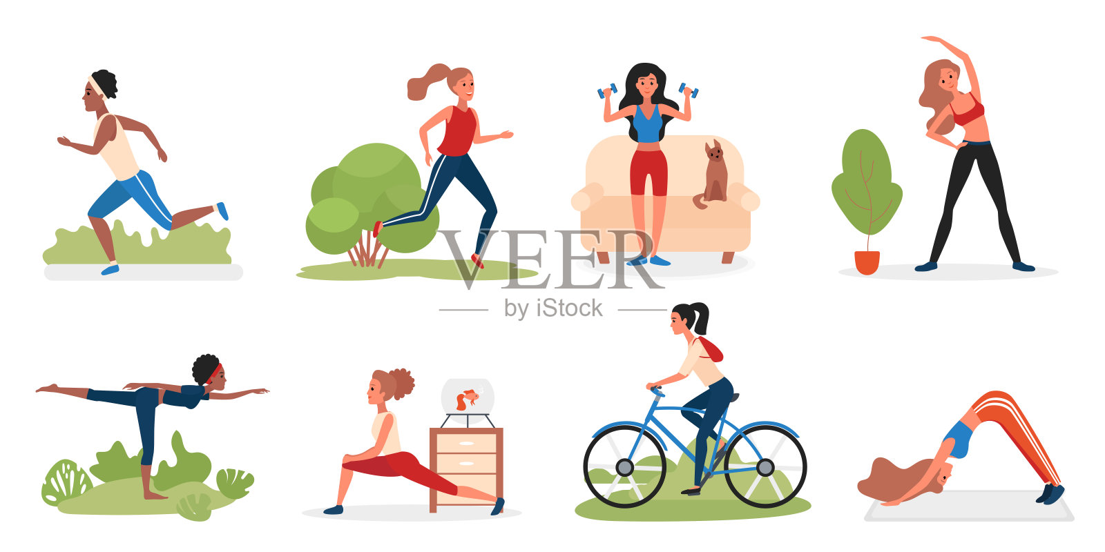 运动女性活动设置，年轻人物做健身锻炼与哑铃，瑜伽插画图片素材