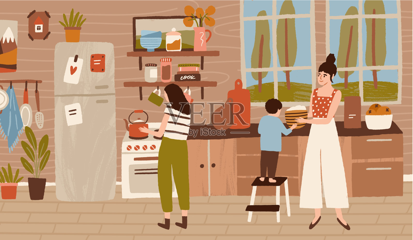 幸福的家庭一起在厨房做饭插画图片素材