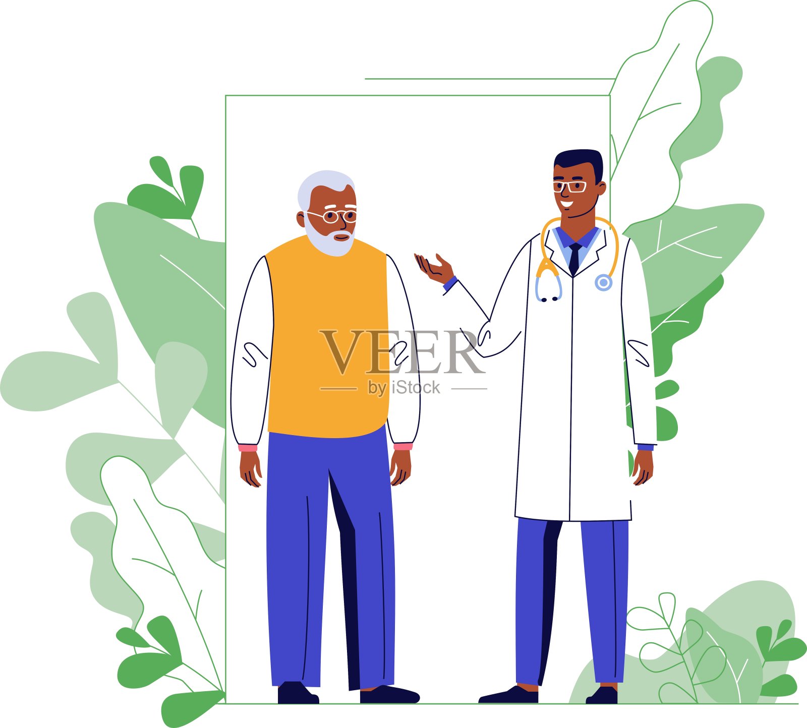 以黑人医生和老病人为背景的医学理念。插画图片素材