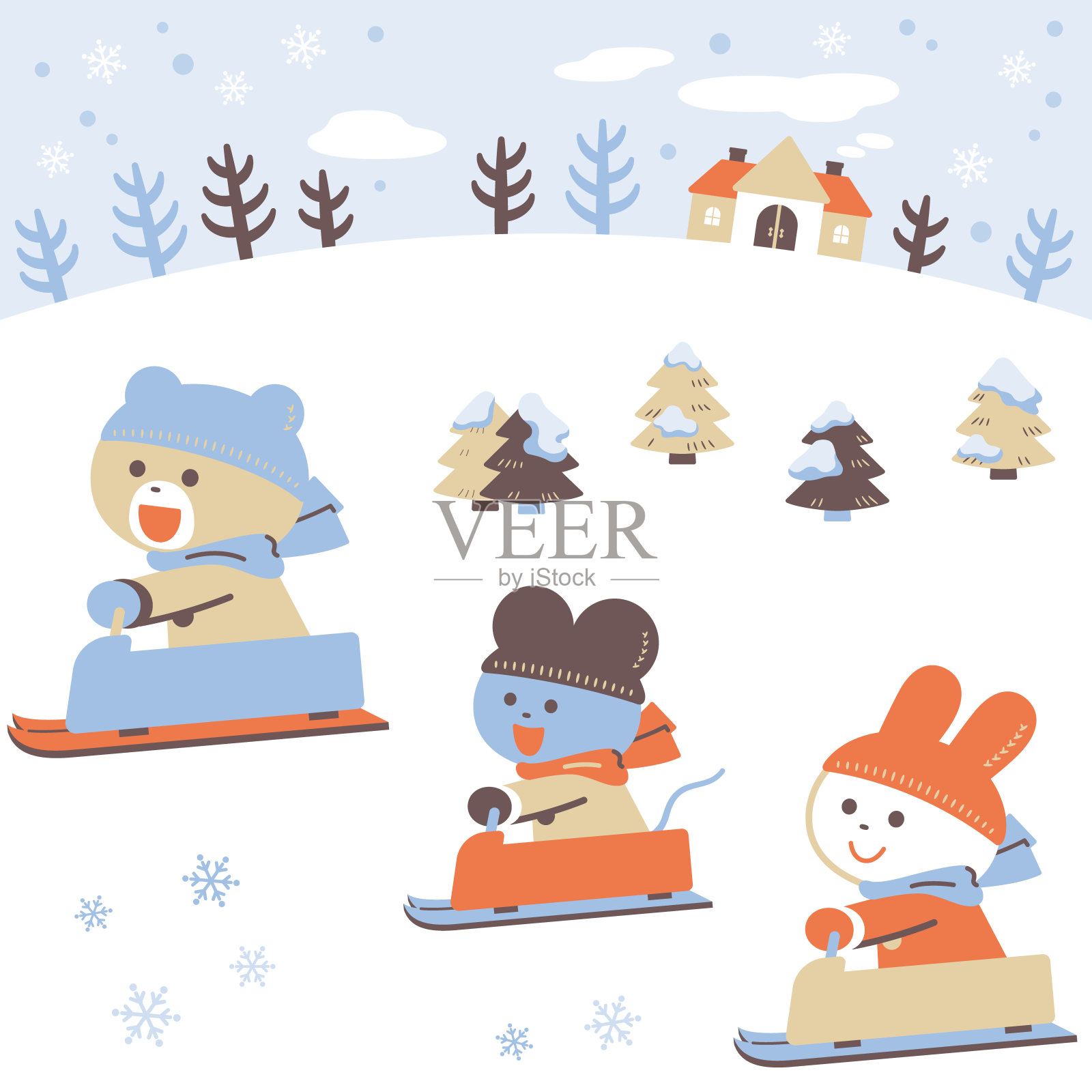 雪橇熊，兔子和老鼠/设置/ 4种颜色插画图片素材