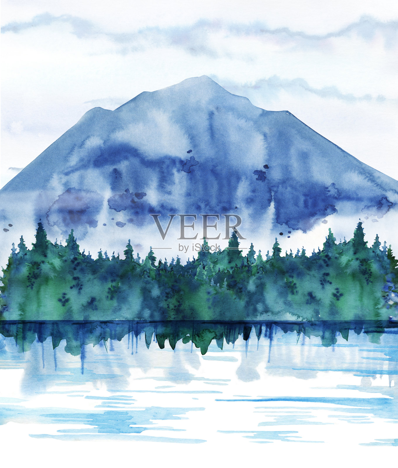 景观组成。山，杉木，湖。手绘水彩素描插图插画图片素材