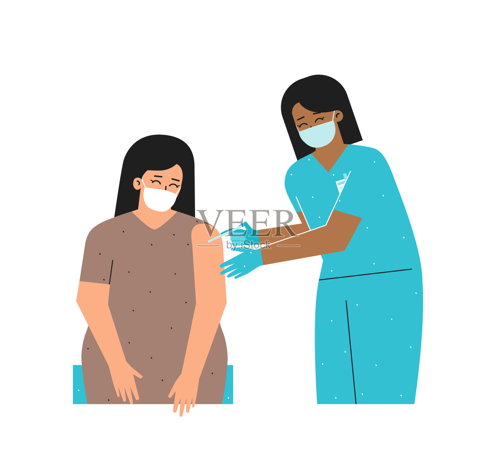平面向量的概念。冠状病毒(COVID-19)接种疫苗。亚洲护士拿着注射器给女性注射新的抗病毒药物。提供对SARS-CoV-2的免疫力插画图片素材