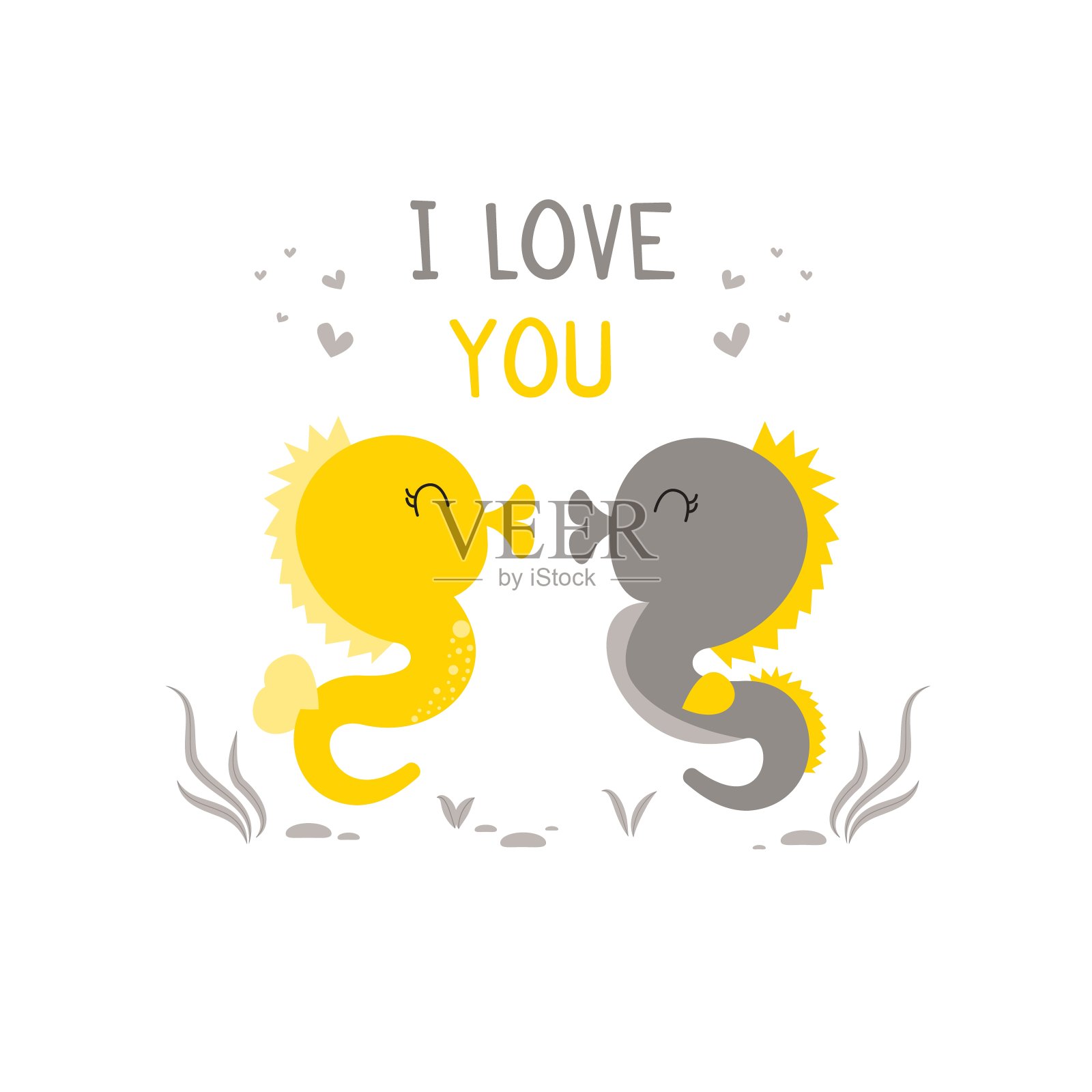 可爱海马的情人节卡片。爱你。浪漫的节日情人节贺卡水下海马夫妇。插画图片素材