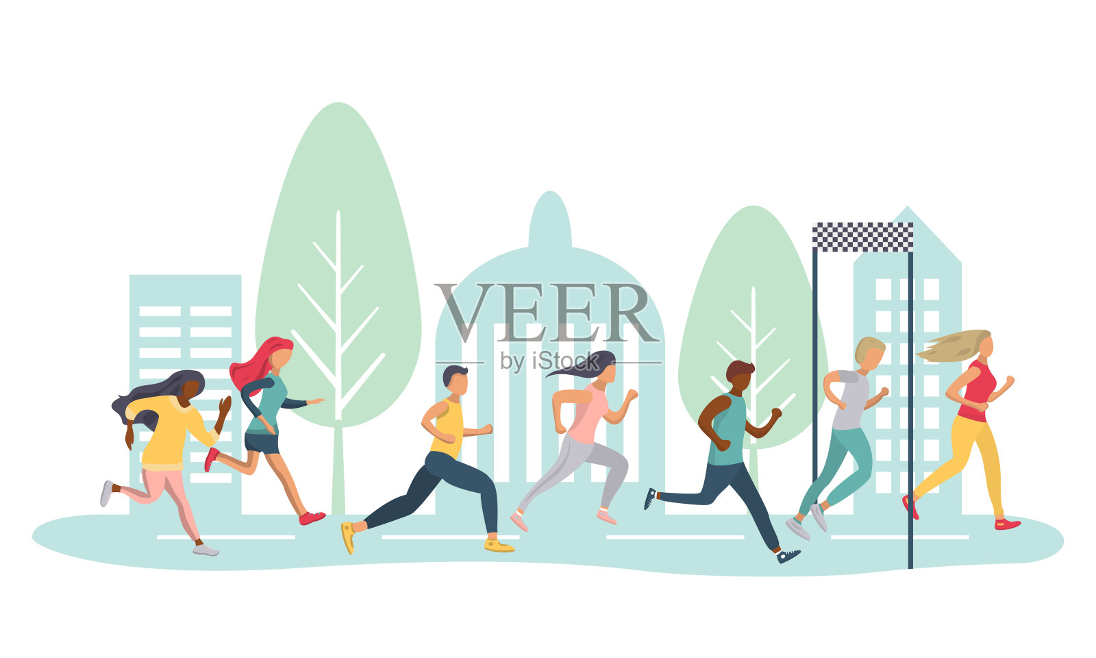 男人和女人在城市道路上慢跑马拉松距离。不同民族的体育竞赛。运行。跑步冠军。卡通矢量插图孤立的白色背景设计元素图片