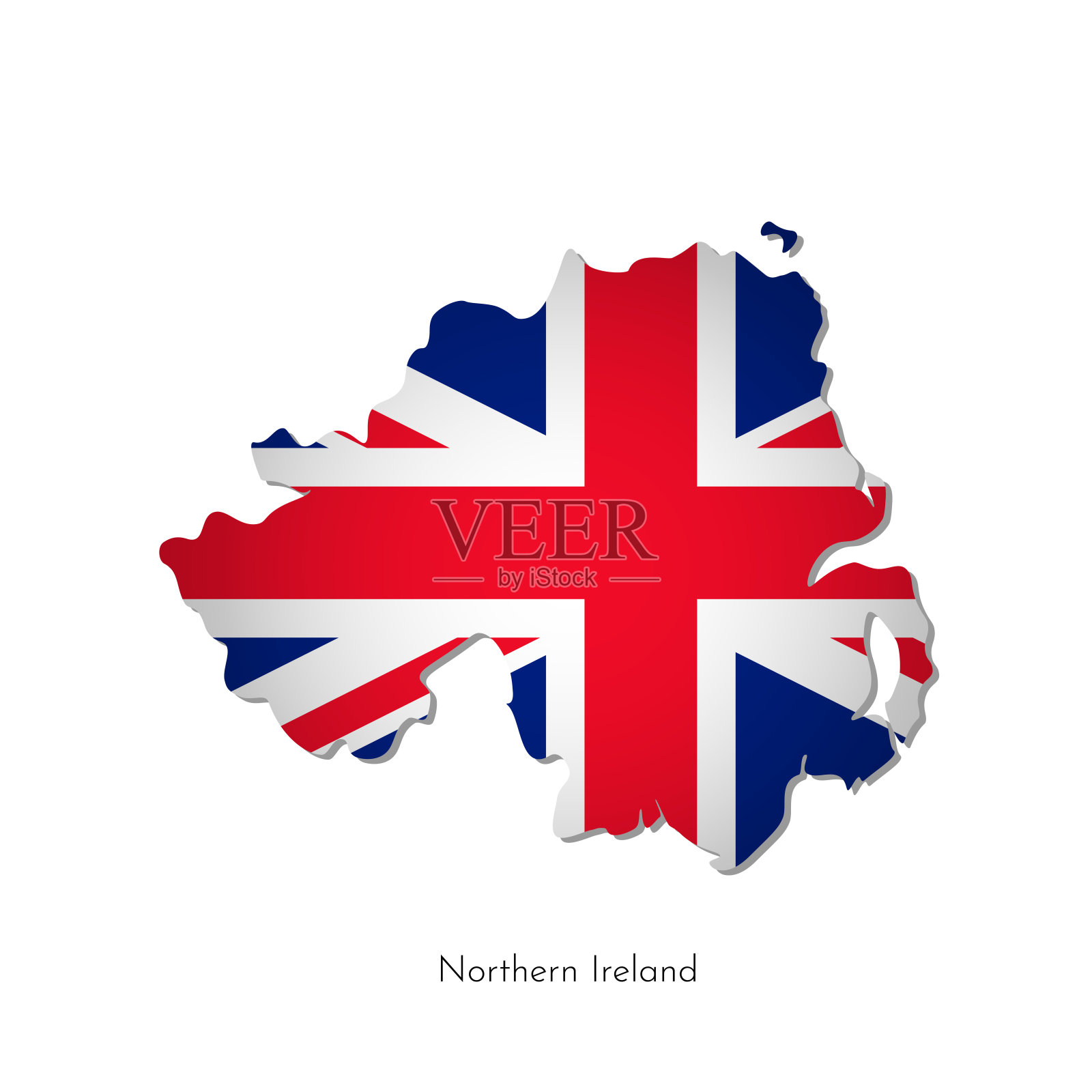 矢量孤立插图与剪影北爱尔兰(大不列颠及爱尔兰联合王国)地图。带有十字的英国国旗。白色背景。英国国旗插画图片素材