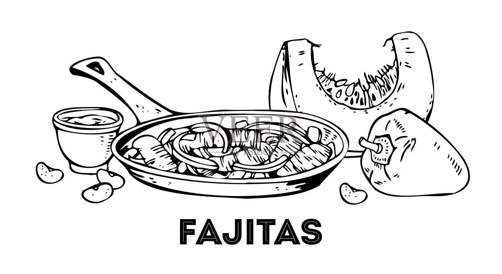 墨西哥烙饼和蔬菜的组合。手绘轮廓矢量草图插图。白底黑字插画图片素材