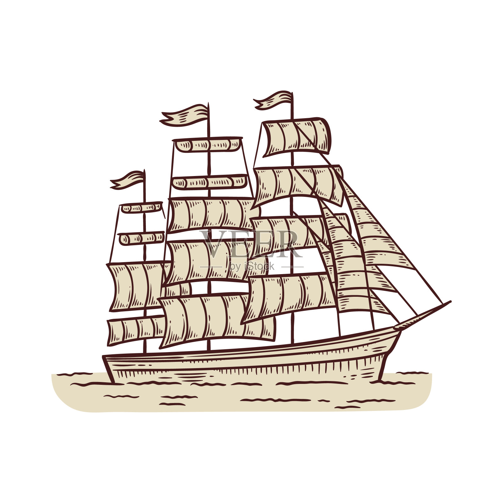 双桅帆船或帆船，雕刻矢量插图孤立。插画图片素材