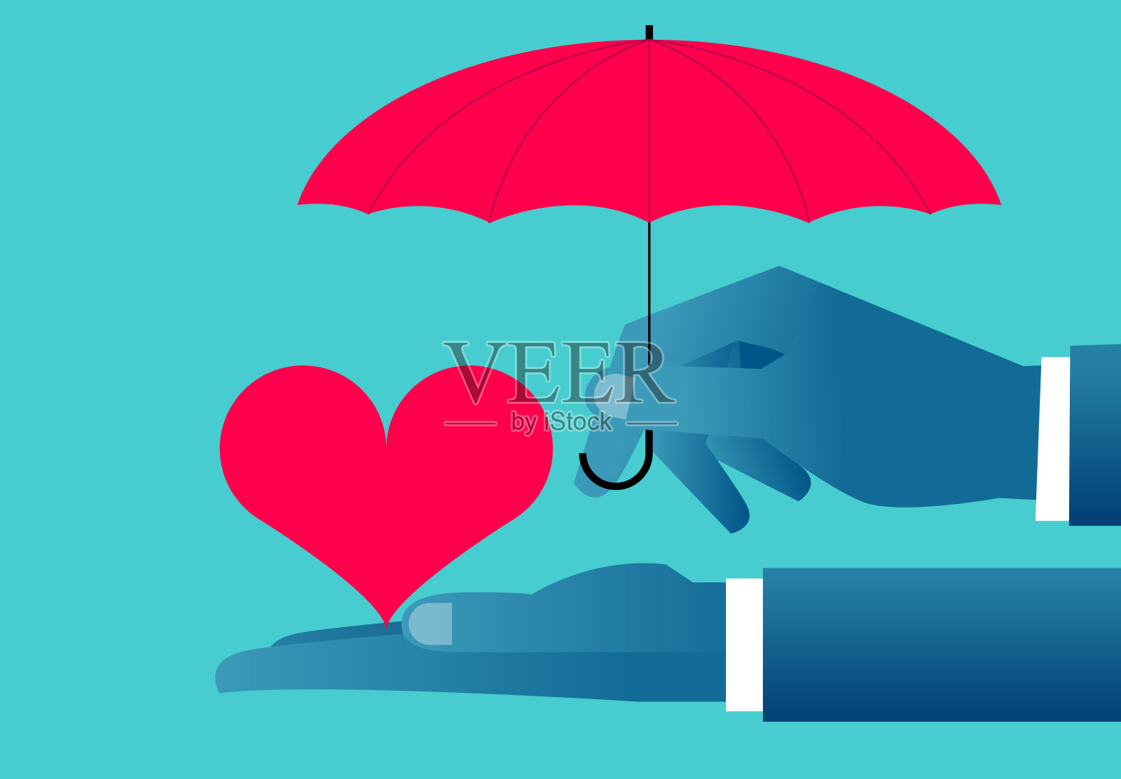 健康保险，爱心慈善救助理念，牵手撑伞护心形插画图片素材