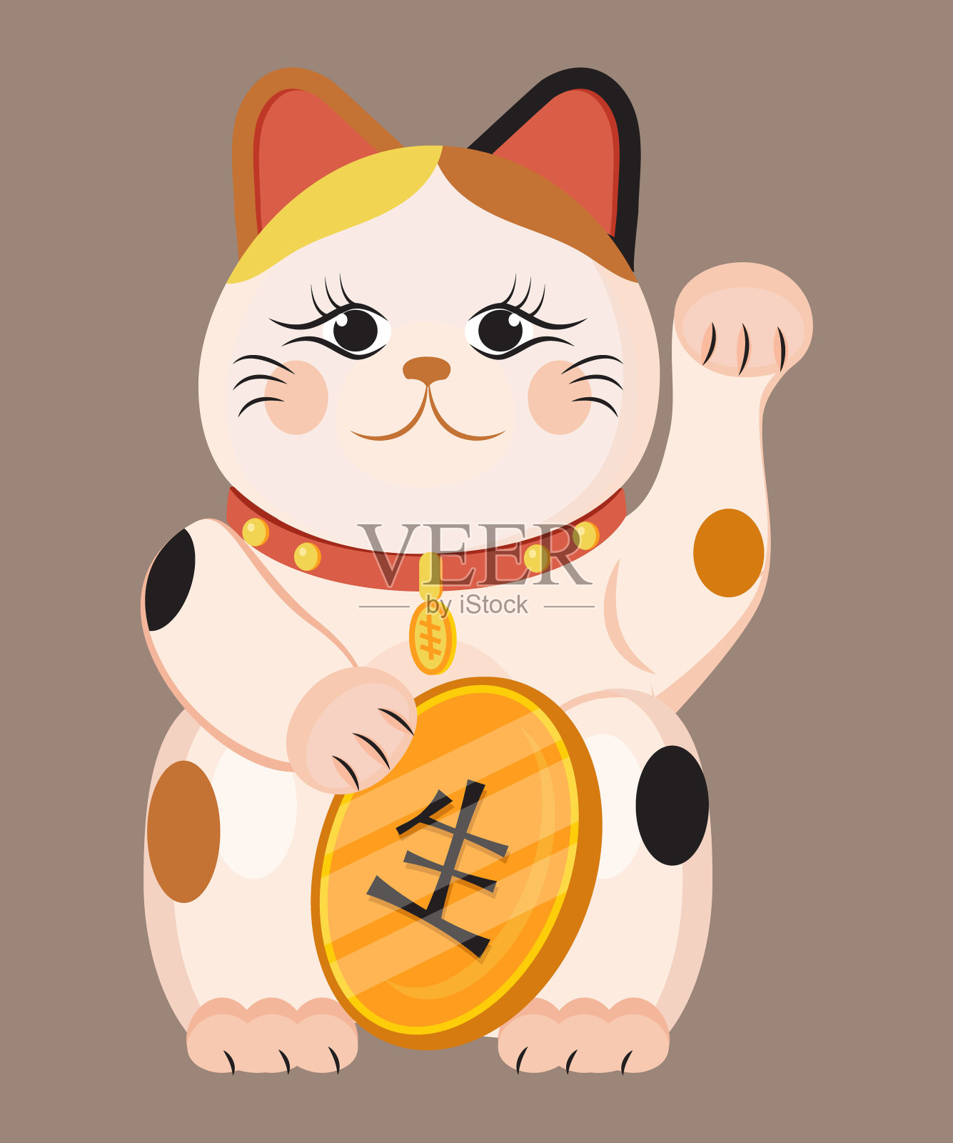 在棕色本底分离出马尼卡蛇形病媒。日本传统文化中的幸运猫。扁平风格的护身符或吉祥物象征。插画图片素材