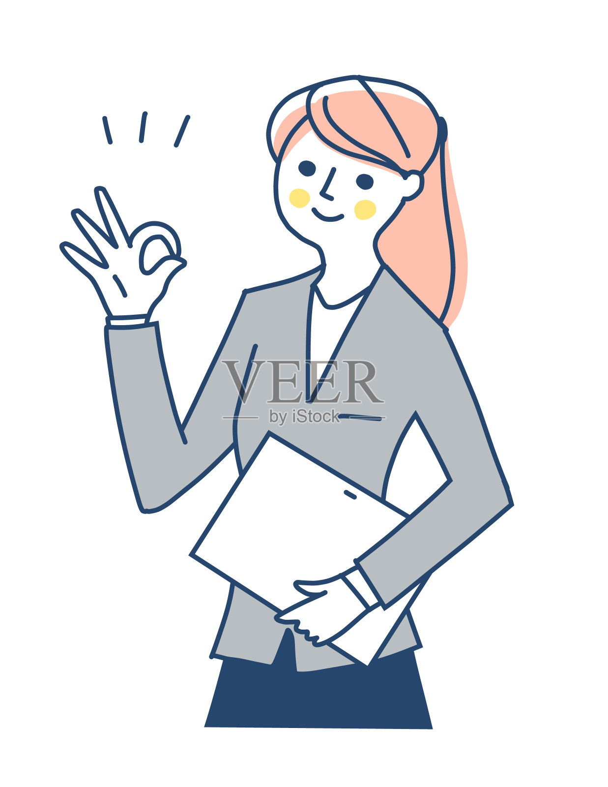 拿着笔记本电脑做一个OK手势的商务女性插画图片素材