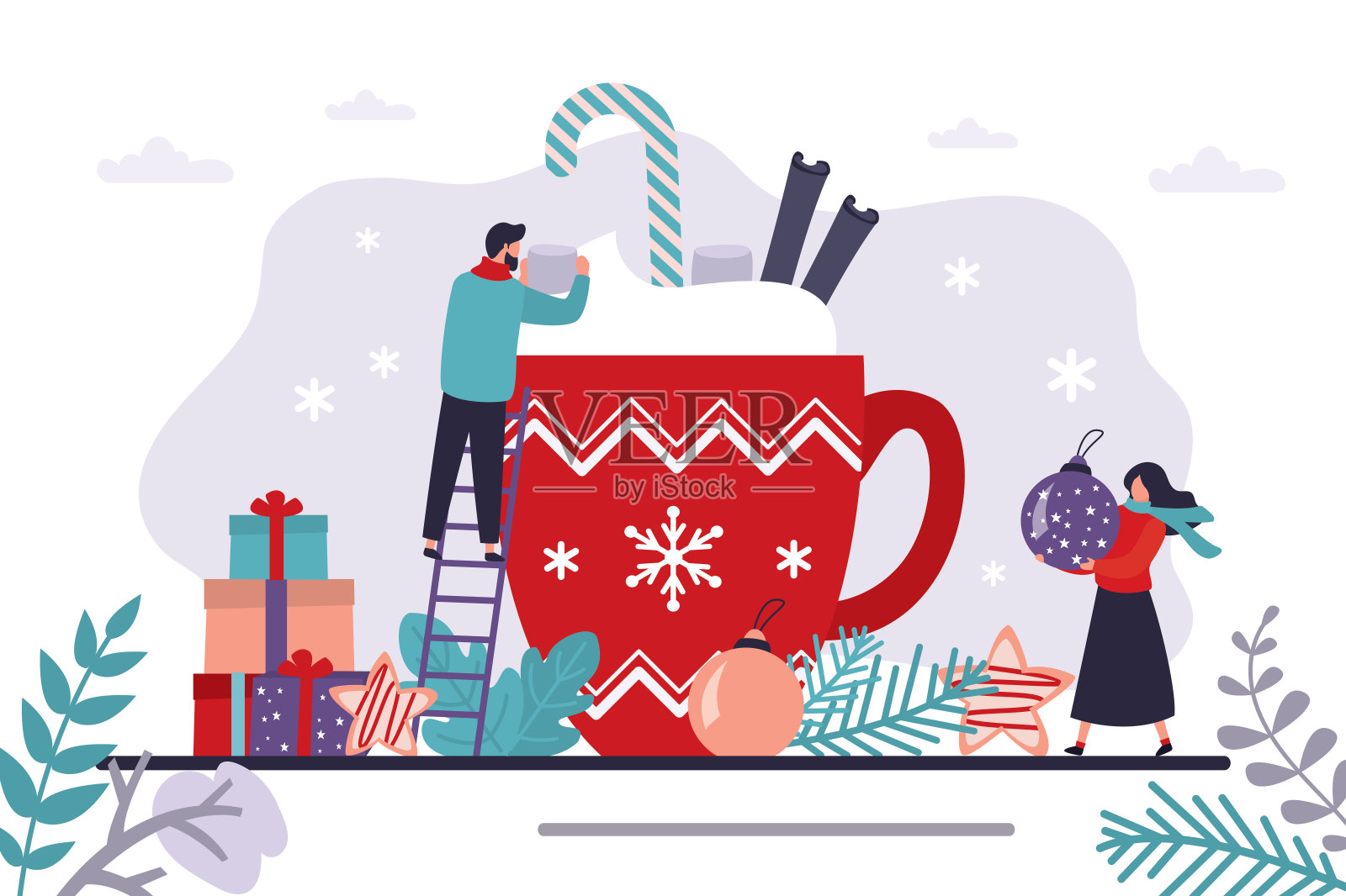 男人把棉花糖和可可放在大杯子里。女性角色拿着圣诞树玩具。圣诞节和新年庆祝，礼物。插画图片素材