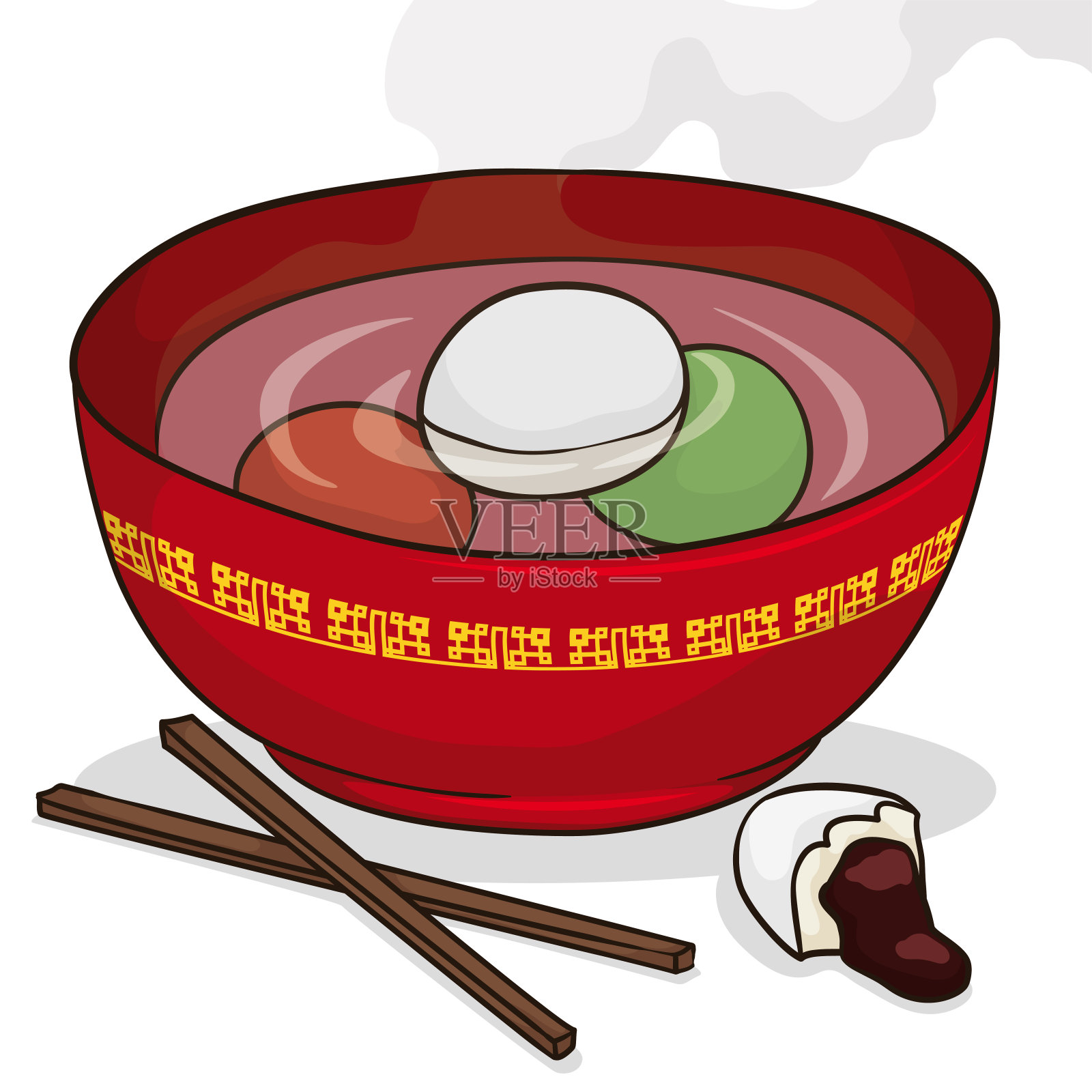 红碗，五颜六色的汤圆和筷子插画图片素材