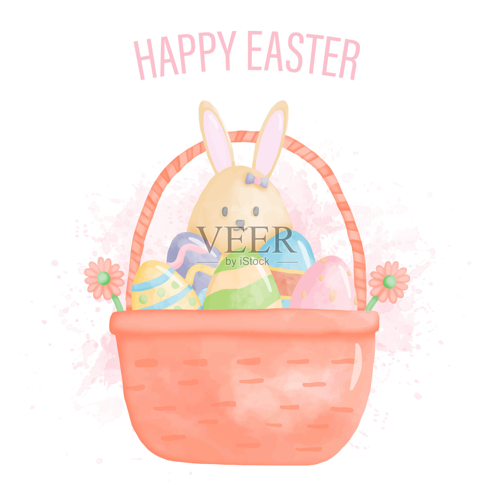 水彩画复活节快乐的兔子和复活节彩蛋在篮子里插画图片素材