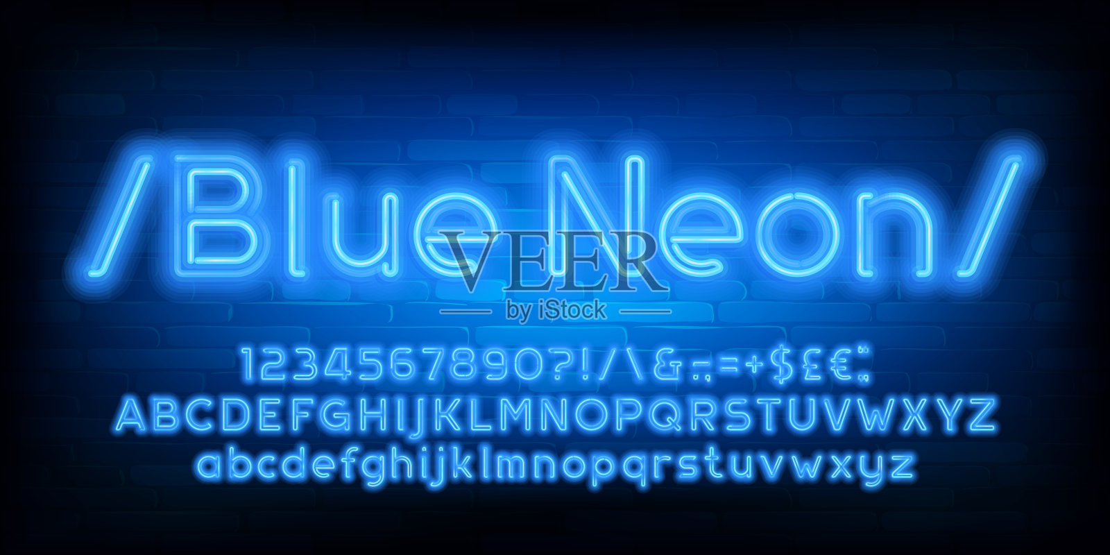 蓝色霓虹字母字体。霓虹般的字母、数字和标点符号。大写和小写字母。插画图片素材