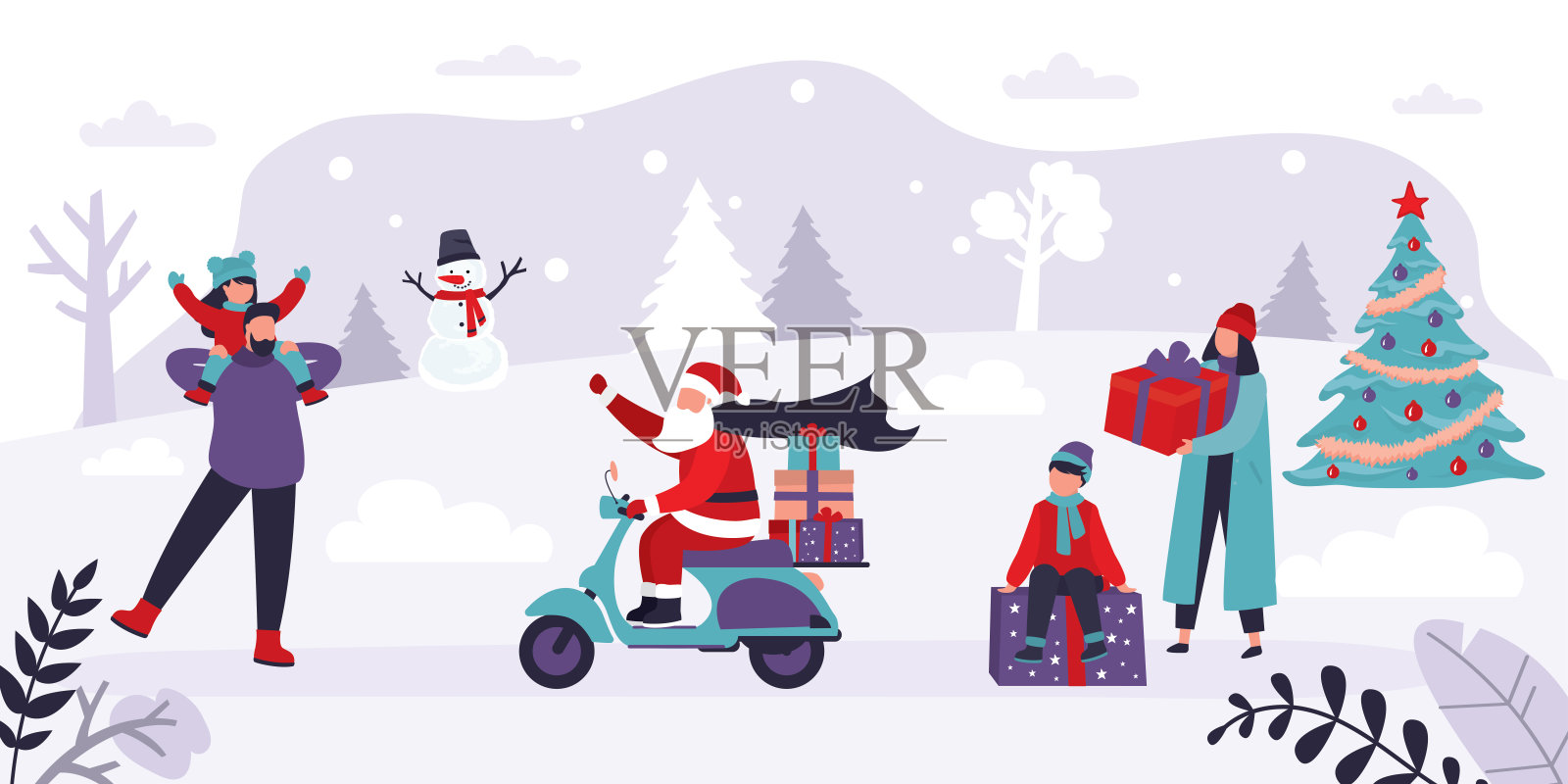 圣诞老人骑着摩托车送礼物。圣诞老人带着圣诞和新年的礼物。快乐的人在等待和接受礼物。插画图片素材