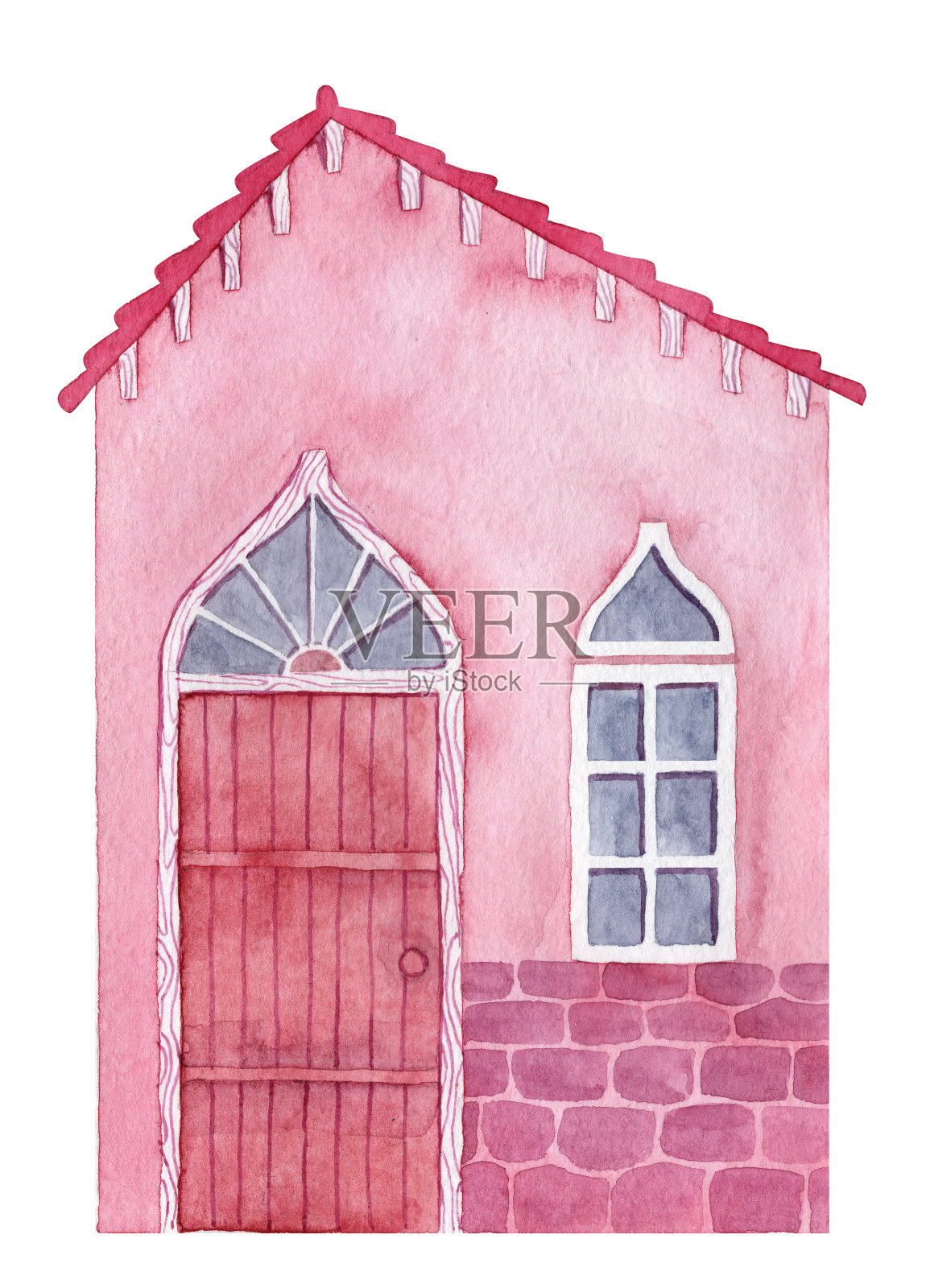 水彩粉色卡通房子与木门和瓦屋顶设计元素图片