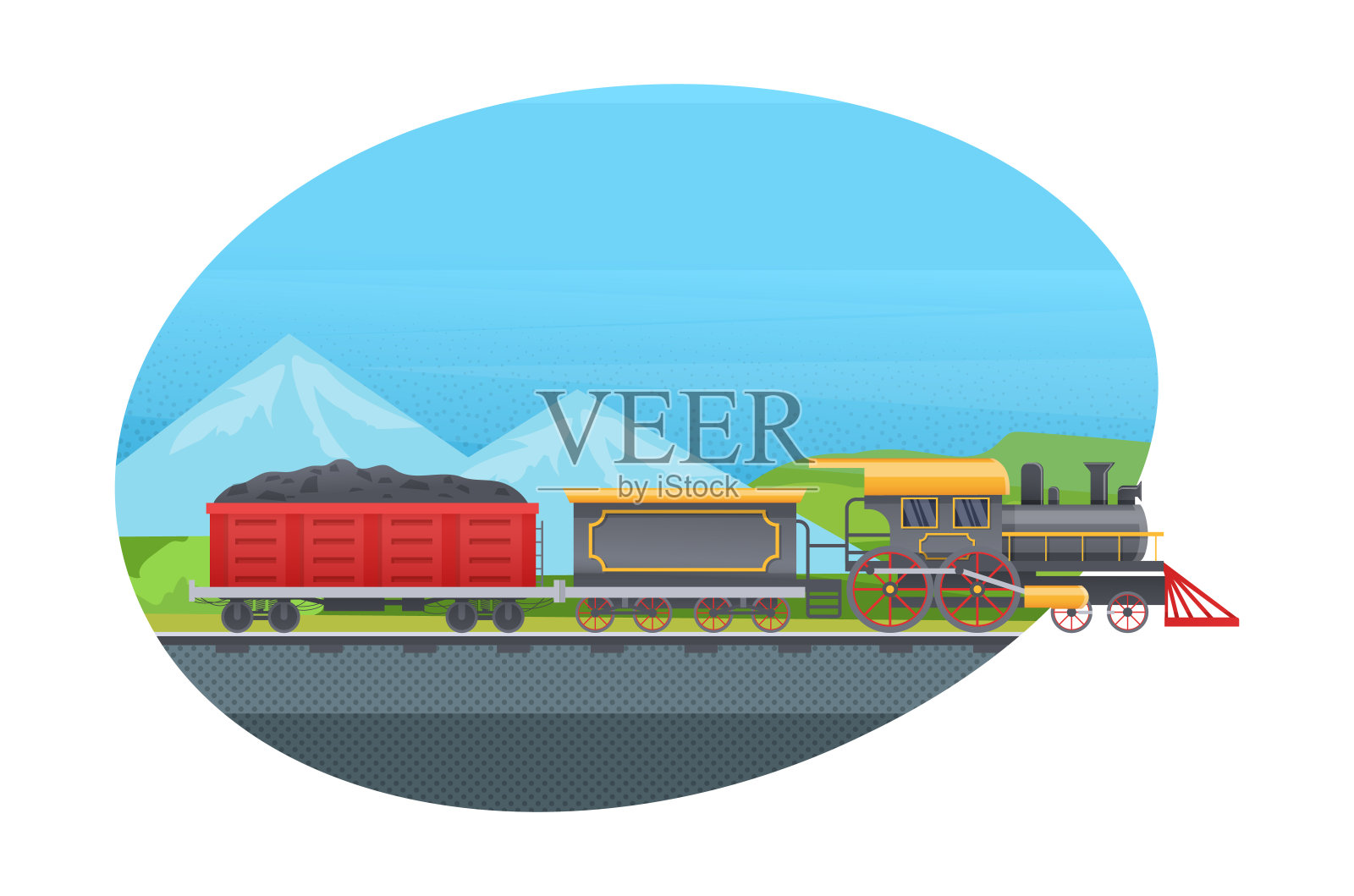复古货车，坦克。以铁路运输机车为背景的山地景观矢量插画图片素材