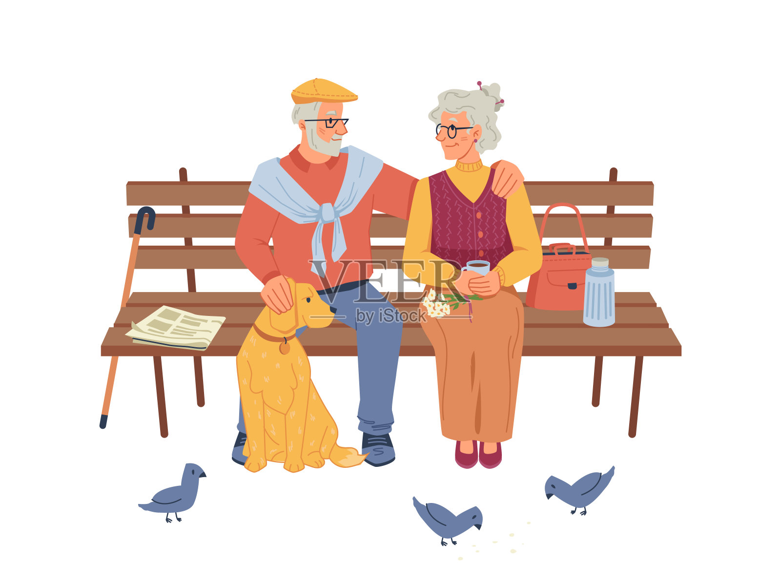 男人和女人坐在长凳上拥抱。老年妇女饮茶病媒，老年动物养狗宠物。老人坐在那里，兴高采烈的祖父母，老一辈的人在一起放松插画图片素材