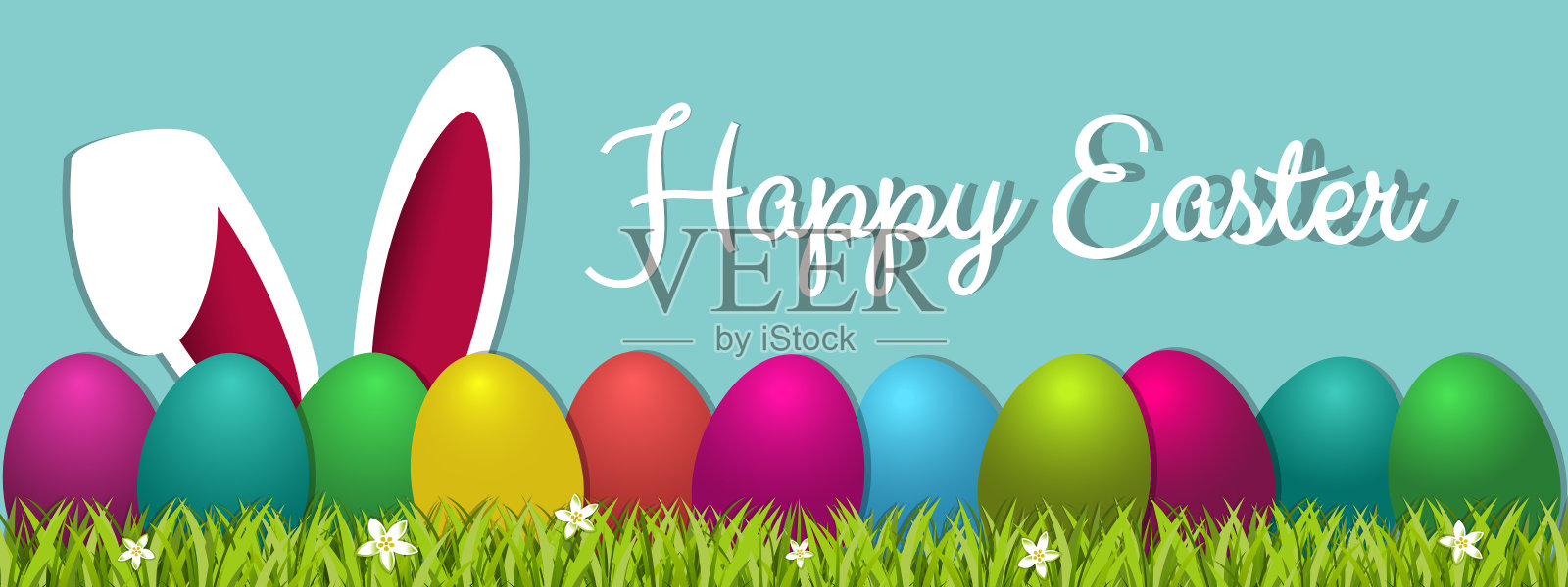 快乐复活节概念横幅-彩色矢量插图鸡蛋，草和兔子耳朵-孤立在蓝色背景设计模板素材