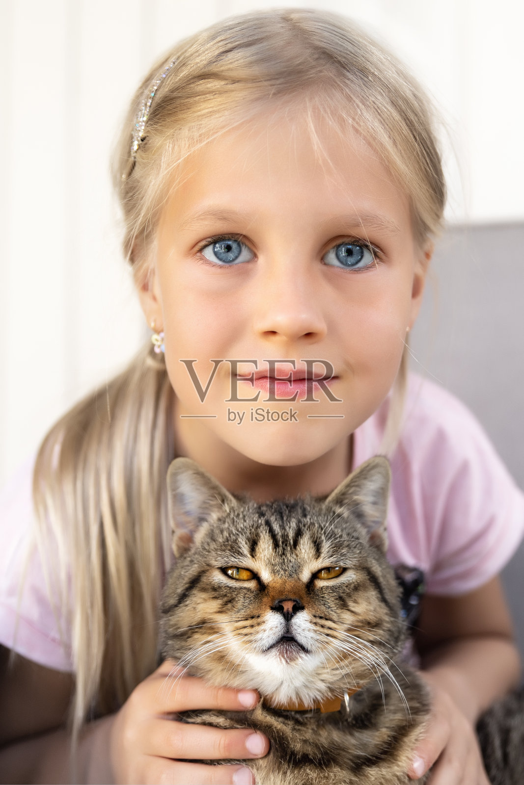 可爱可爱的白种金发可爱的8岁小女孩喜欢坐在户外扶手椅上，手里抱着打盹的小猫。宠物小猫和孩子的友谊概念。爱护动物照片摄影图片