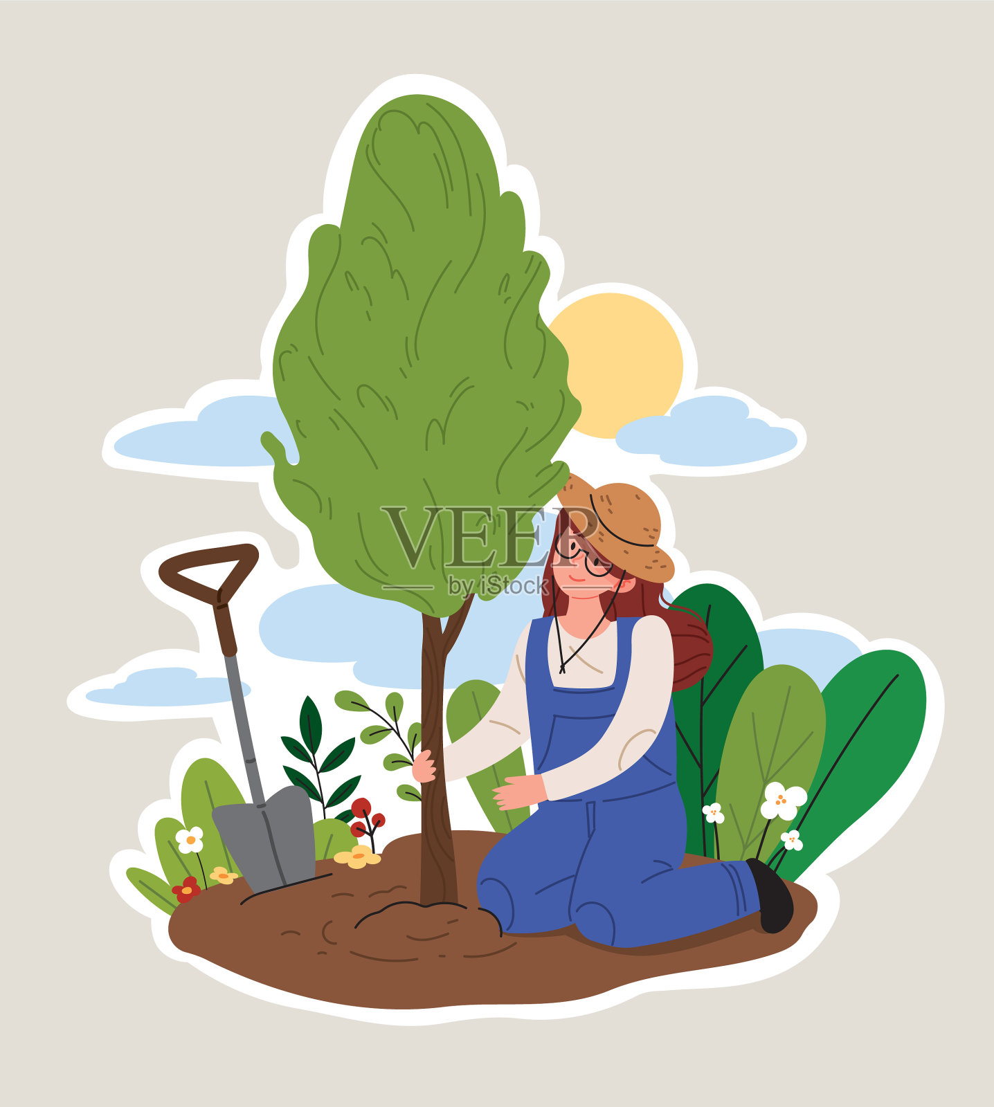 一位妇女在森林里种树。插画图片素材