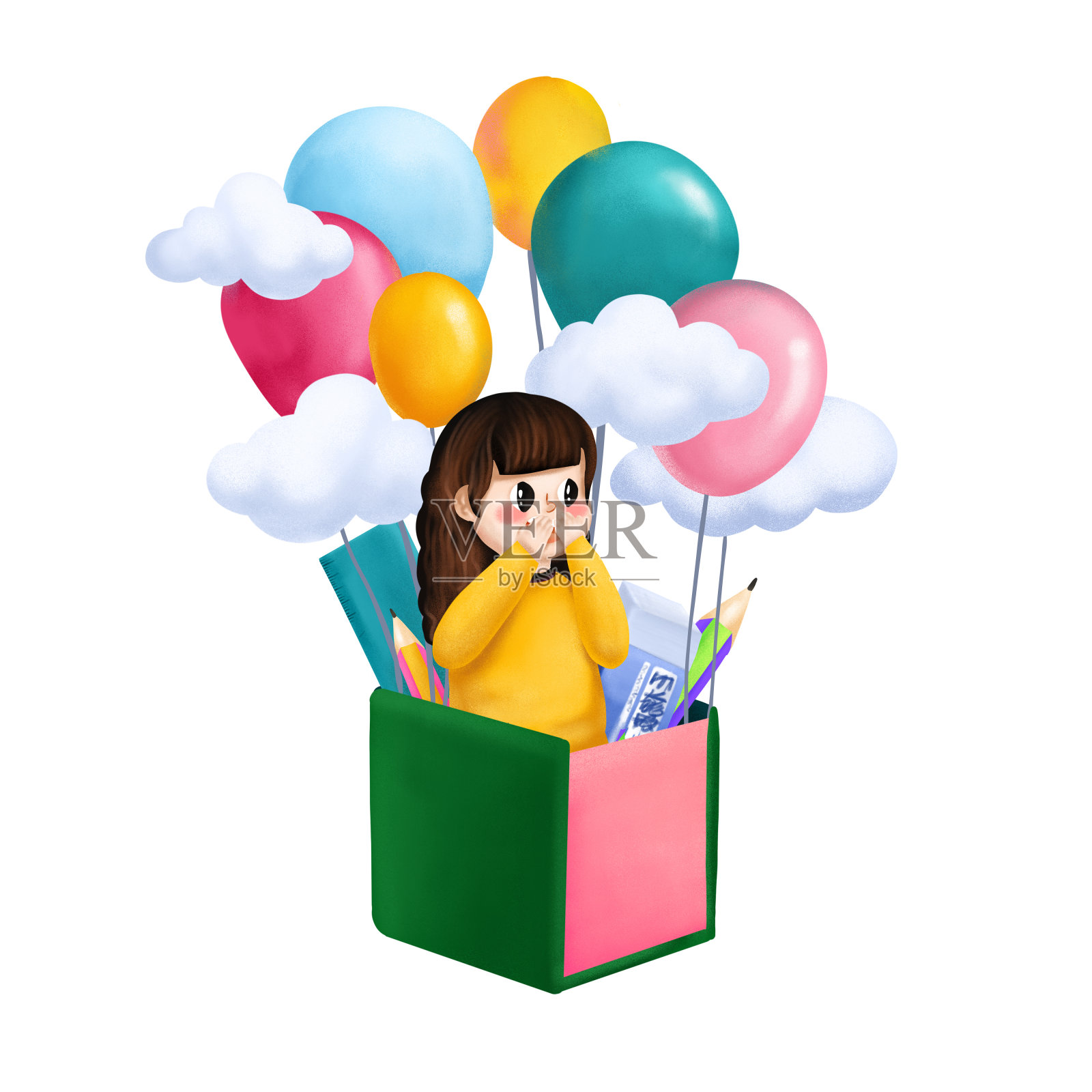 原创儿童节热气球小女孩设计元素图片