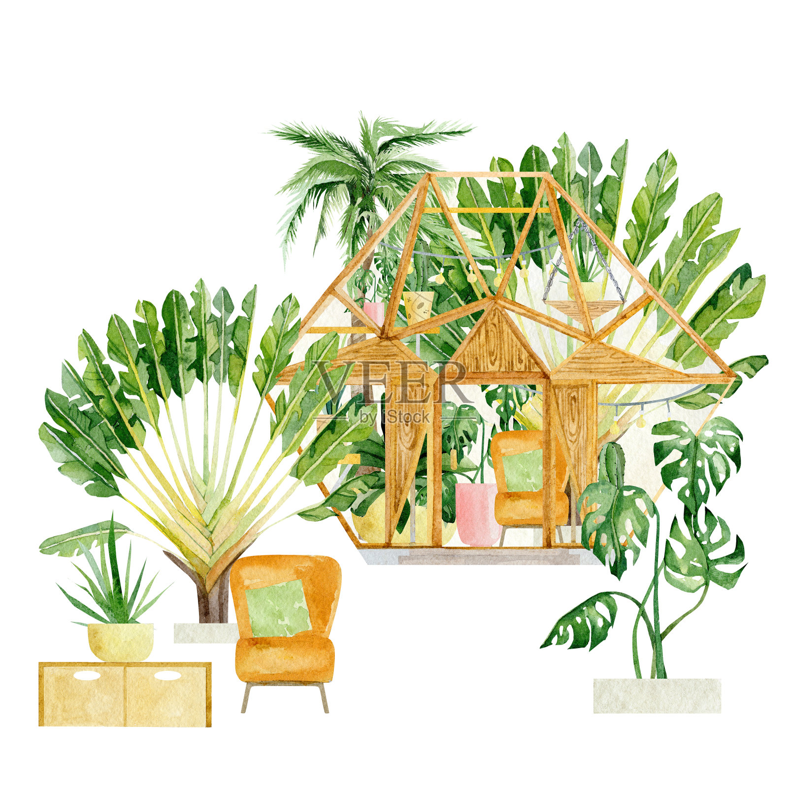 水彩盆栽盆栽构成。花园景观时髦的绿色植物家盆栽热带树。棕榈树和装饰家。室内园艺女士植物贴纸、海报、贺卡。插画图片素材