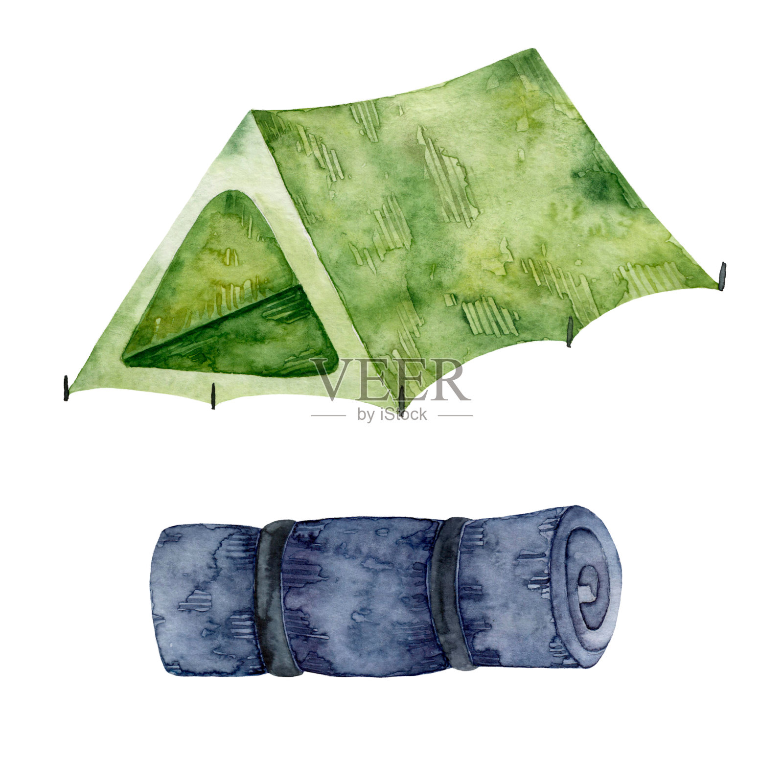 水彩手绘帐篷和泡沫隔离在白色背景。的生活方式。露营。户外娱乐。插画图片素材