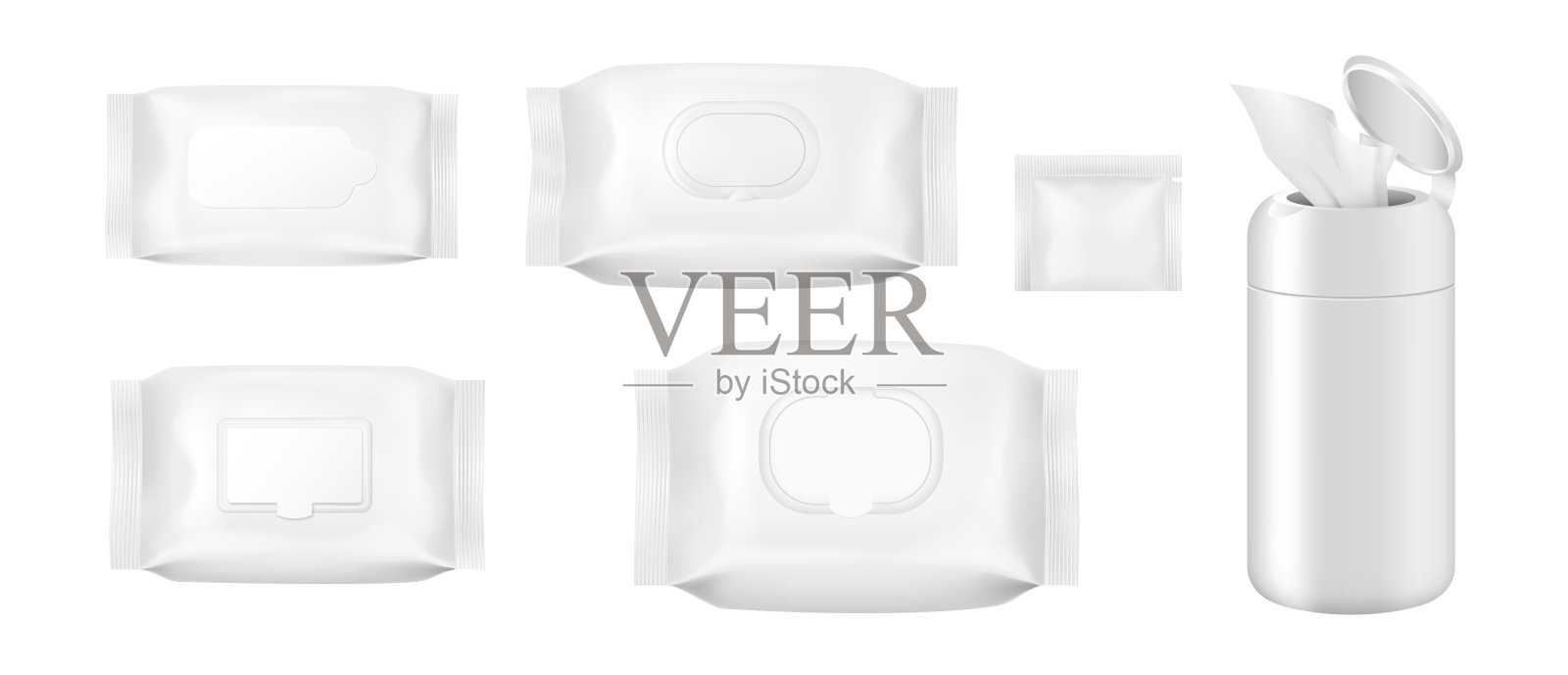 现实湿巾包设置。模板清洁餐巾的白色塑料包装插画图片素材