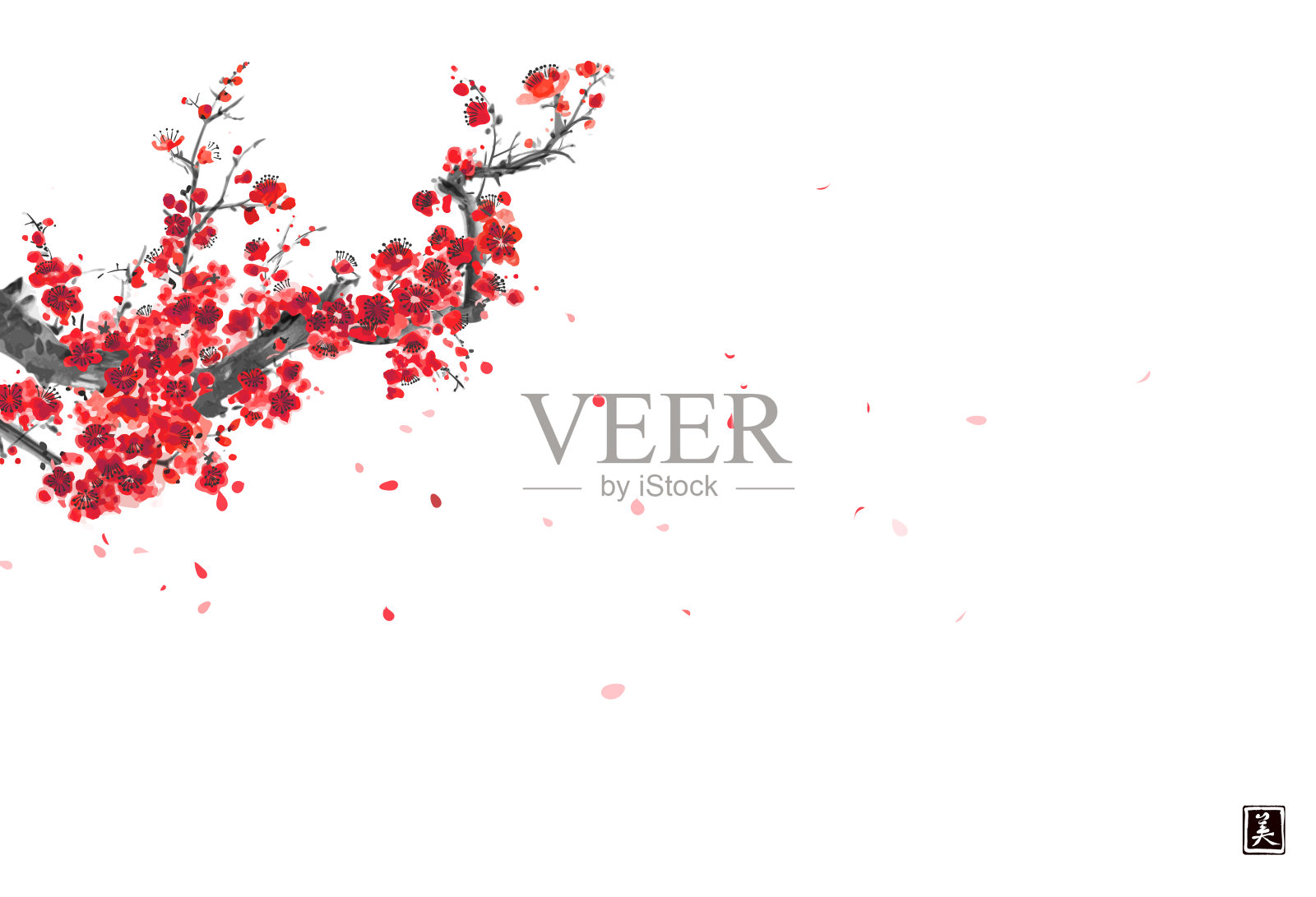 樱花枝和落樱花瓣。传统的东方水墨画是在白色的背景上画隅娥、月仙、围棋。象形文字的翻译-美。插画图片素材