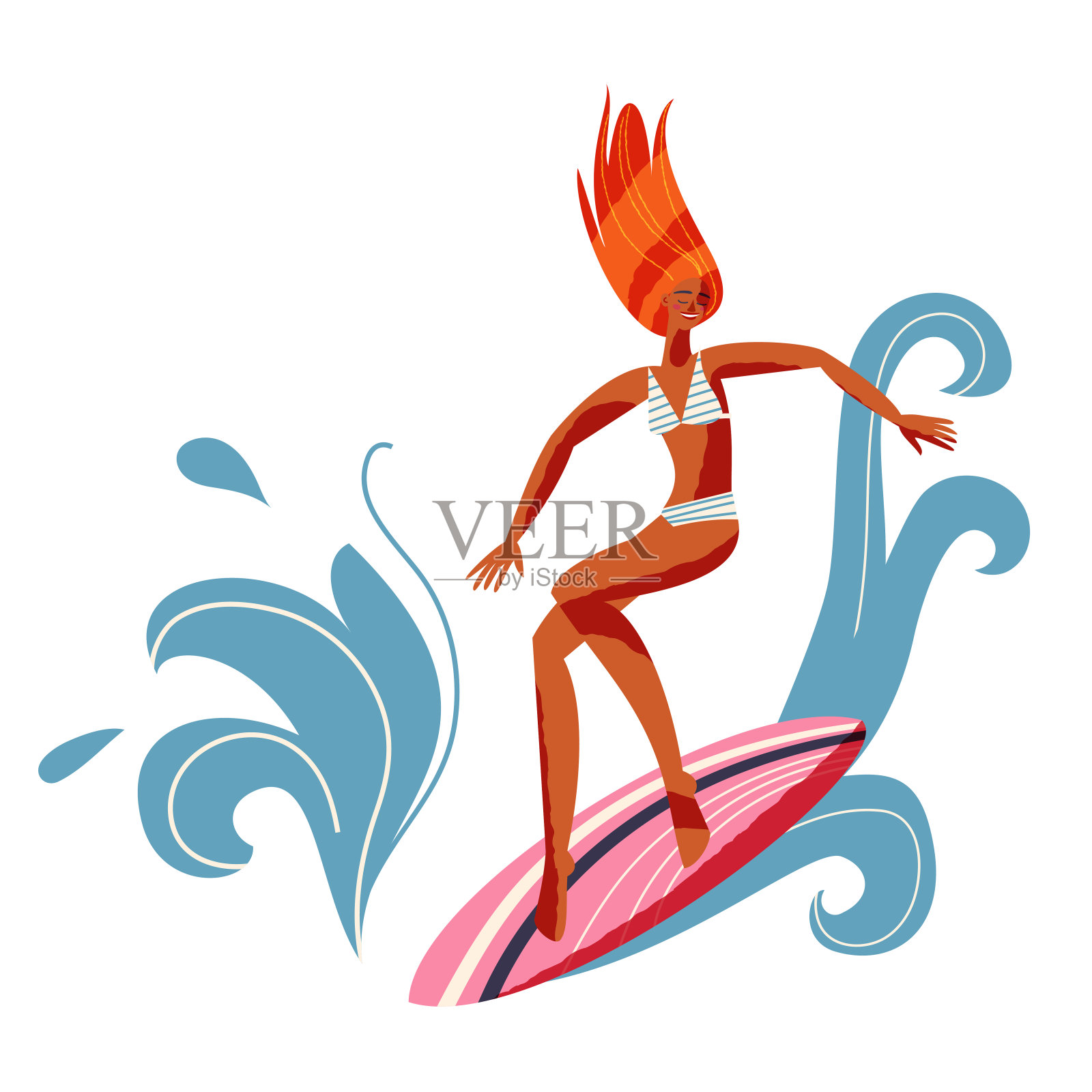 年轻女子在水上冲浪。夏威夷阿罗哈，热带夏季活动元素邀请。夏威夷海滩复古旅游海报向量插图。女孩在冲浪板上插画图片素材