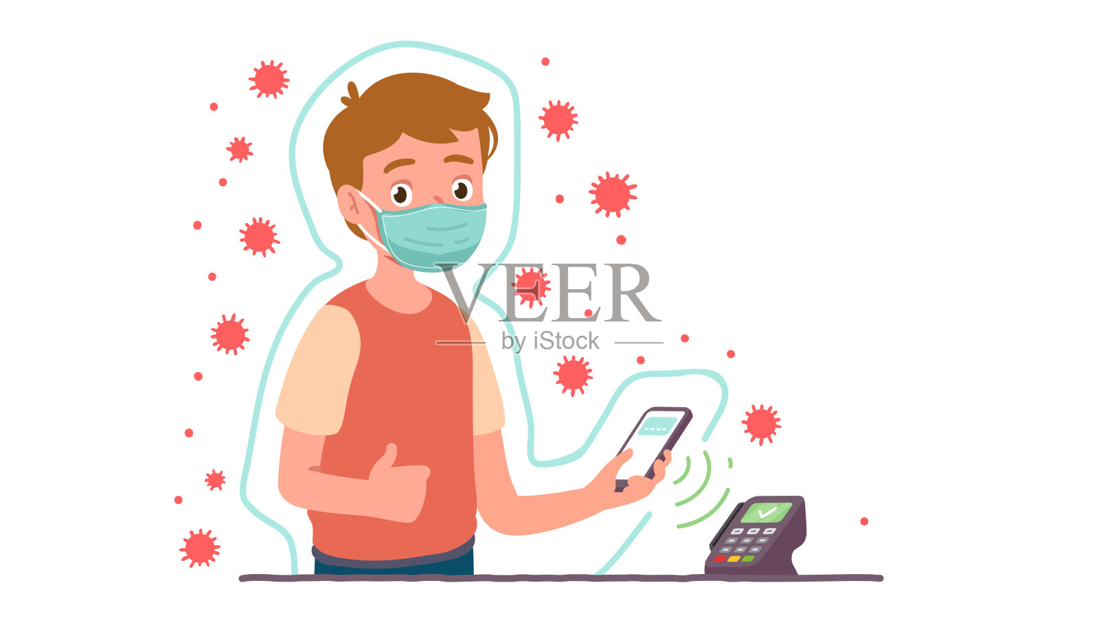 戴着防护面罩的人，以保护自己免受冠状病毒的侵袭。在POS机上使用NFC手机进行无线支付的人。在冠状病毒疫情期间的安全平面媒介插图插画图片素材