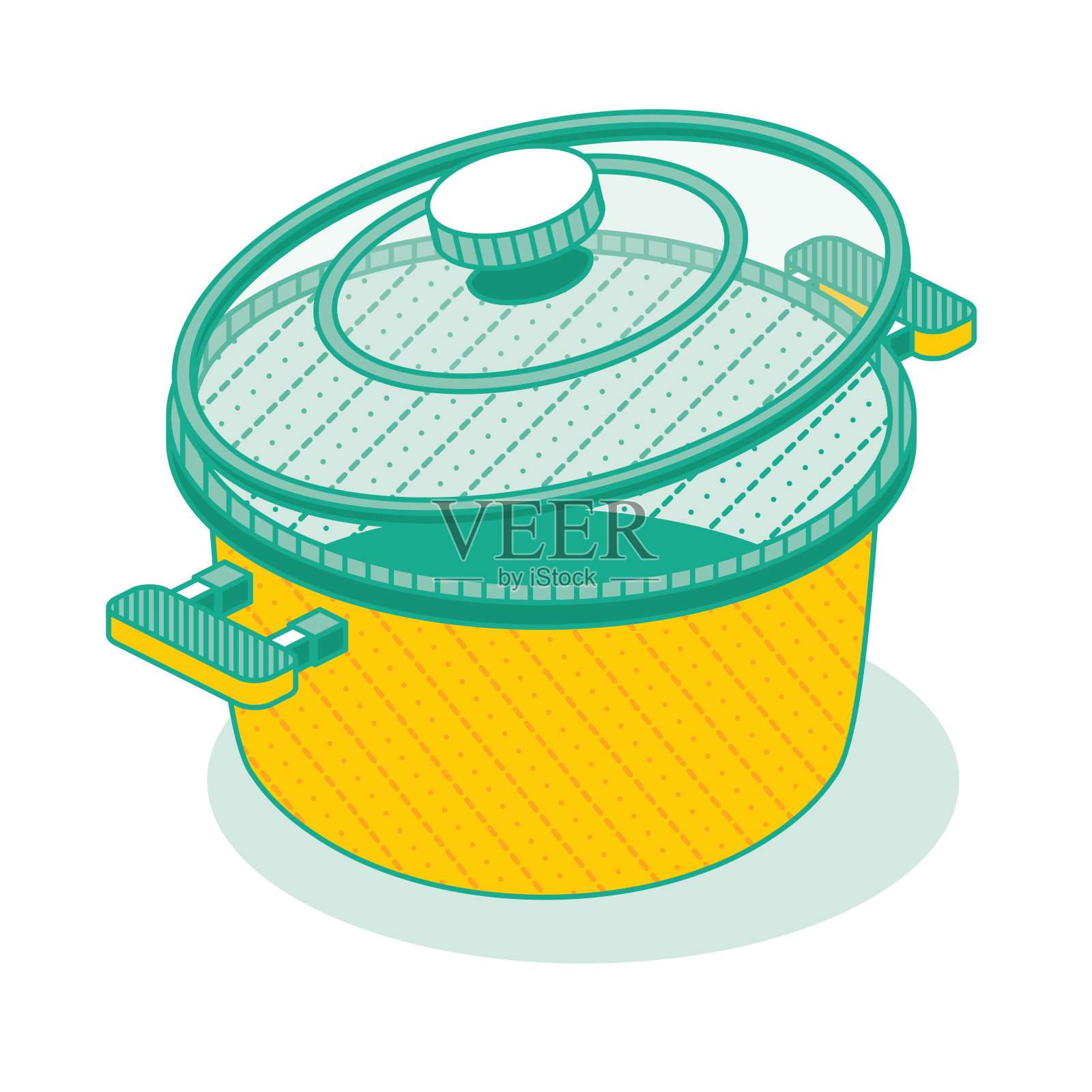 轮廓等距炖锅与盖子隔离在白色背景。插画图片素材