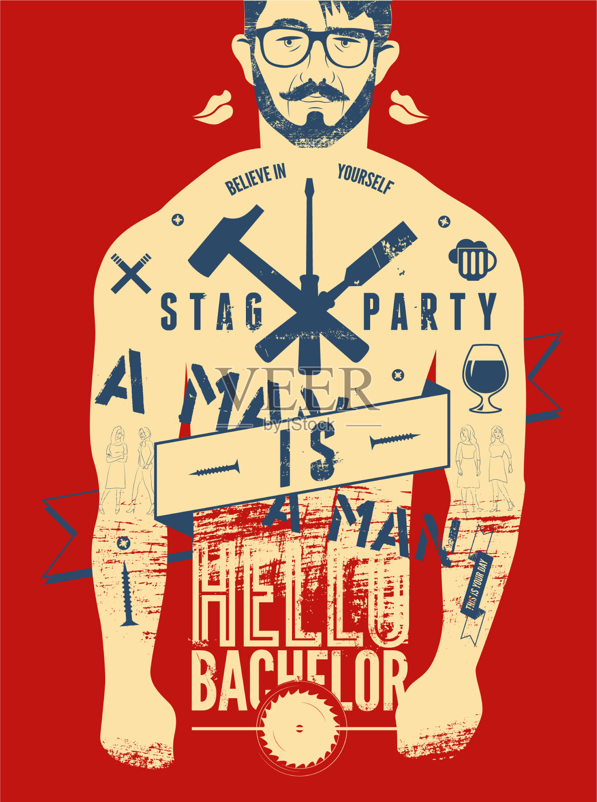 Stag party排印海报纹身男人身体设计模板素材
