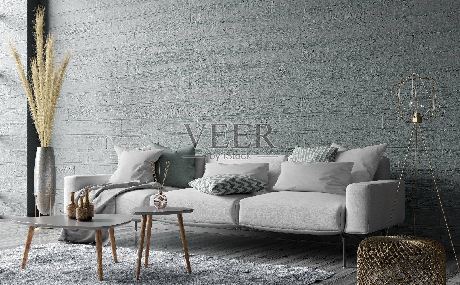 现代室内设计舒适的客厅与灰色沙发和咖啡桌。三维渲染照片摄影图片