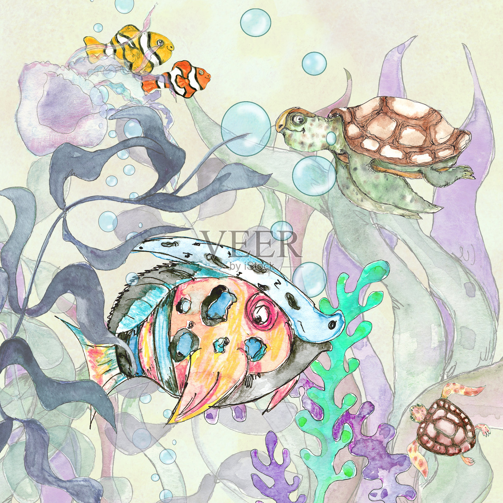 水彩画水下海洋生命异想天开的儿童插图插画图片素材