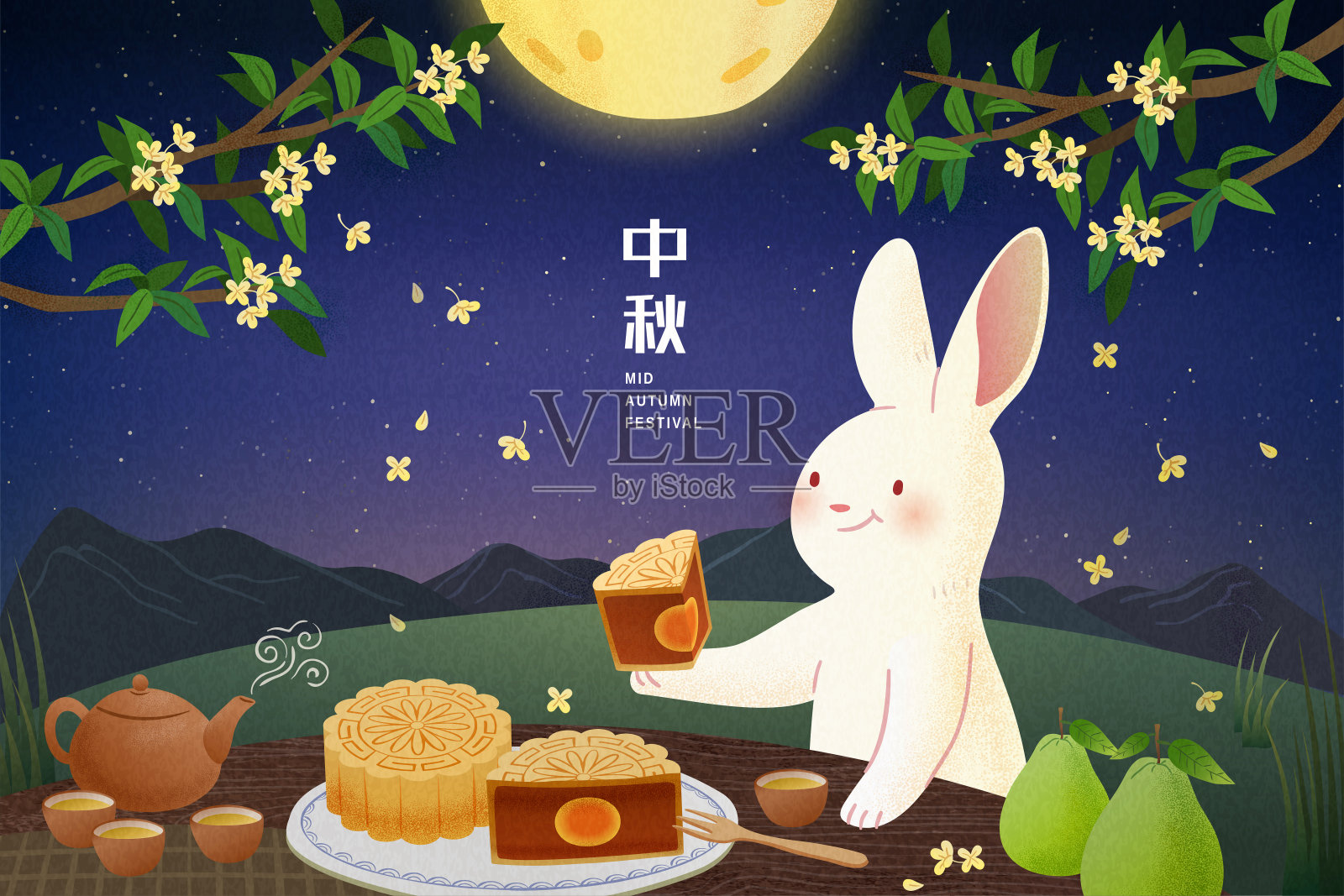 中秋满月下享用月饼的兔子插图设计模板素材