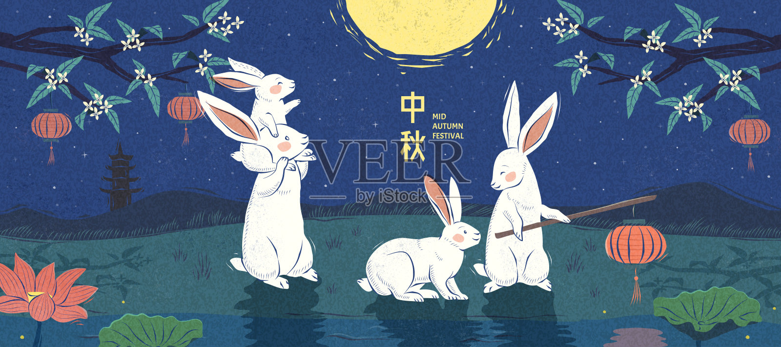 中秋节玉兔团圆手绘横幅插画图片素材