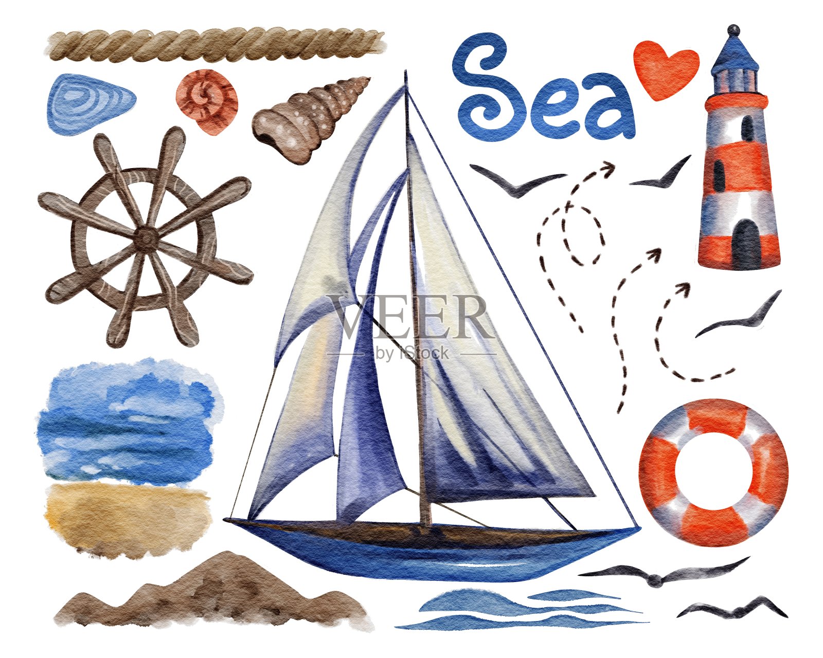 手绘水彩画海洋航行集:灯塔，海，贝壳，船。用于卡片，打印，明信片，海报，图案，模板插画图片素材