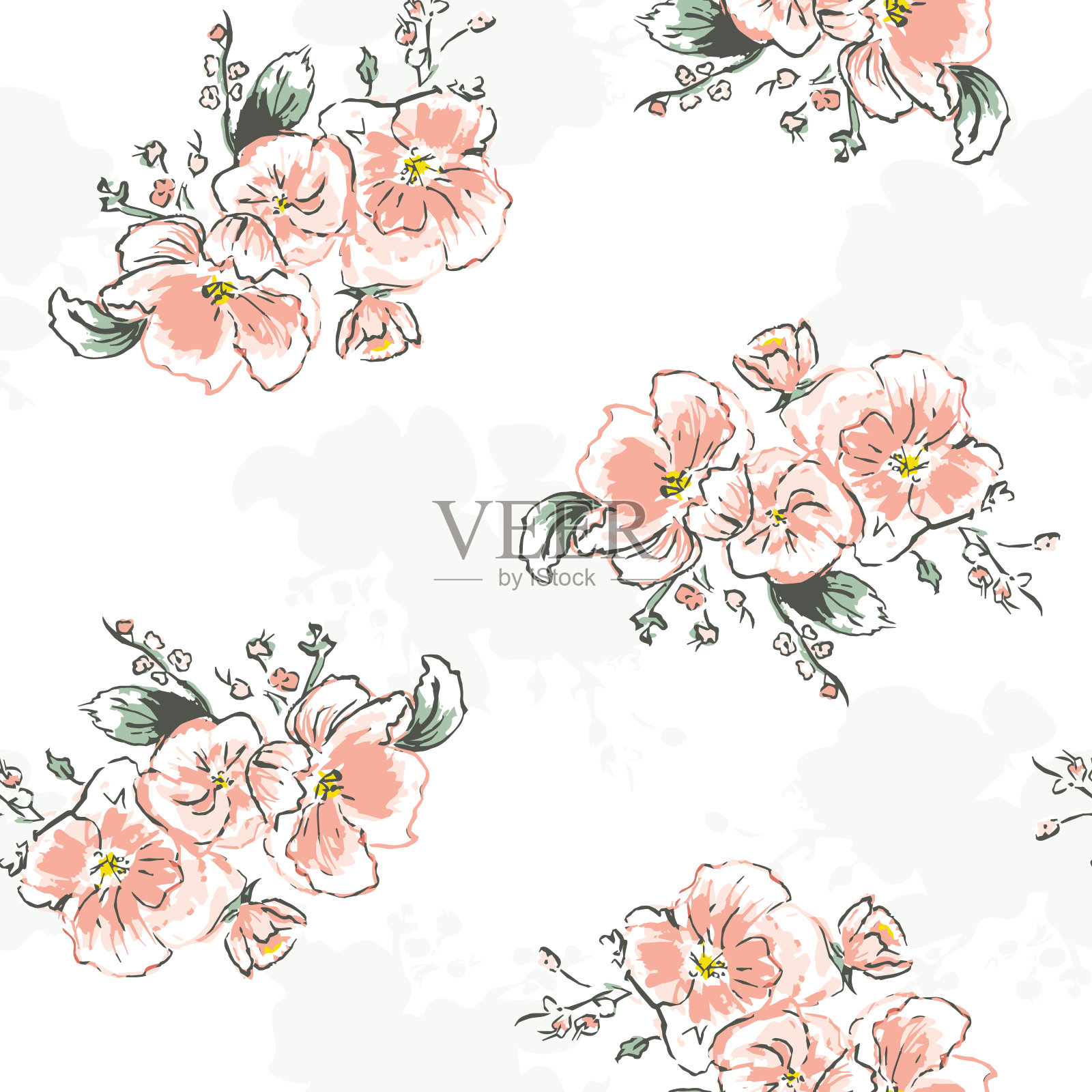 矢量美丽的夏季野玫瑰在柔和的橙色和绿色无缝模式背景。完美的织物，墙纸和剪贴簿项目。插画图片素材
