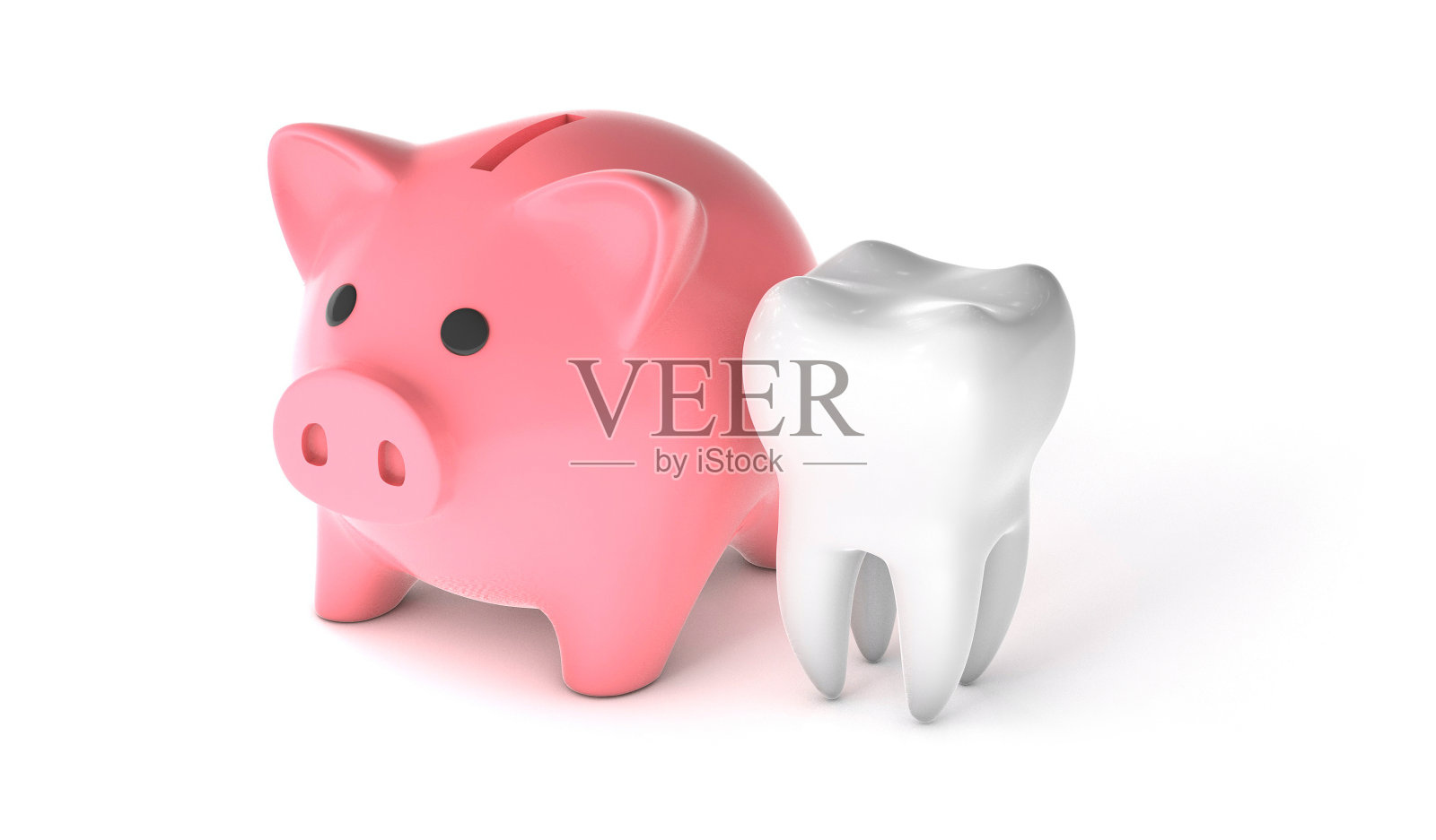 粉红色的储蓄罐和牙齿孤立在白色的背景。为牙科治疗而节省的概念。3 d渲染。照片摄影图片