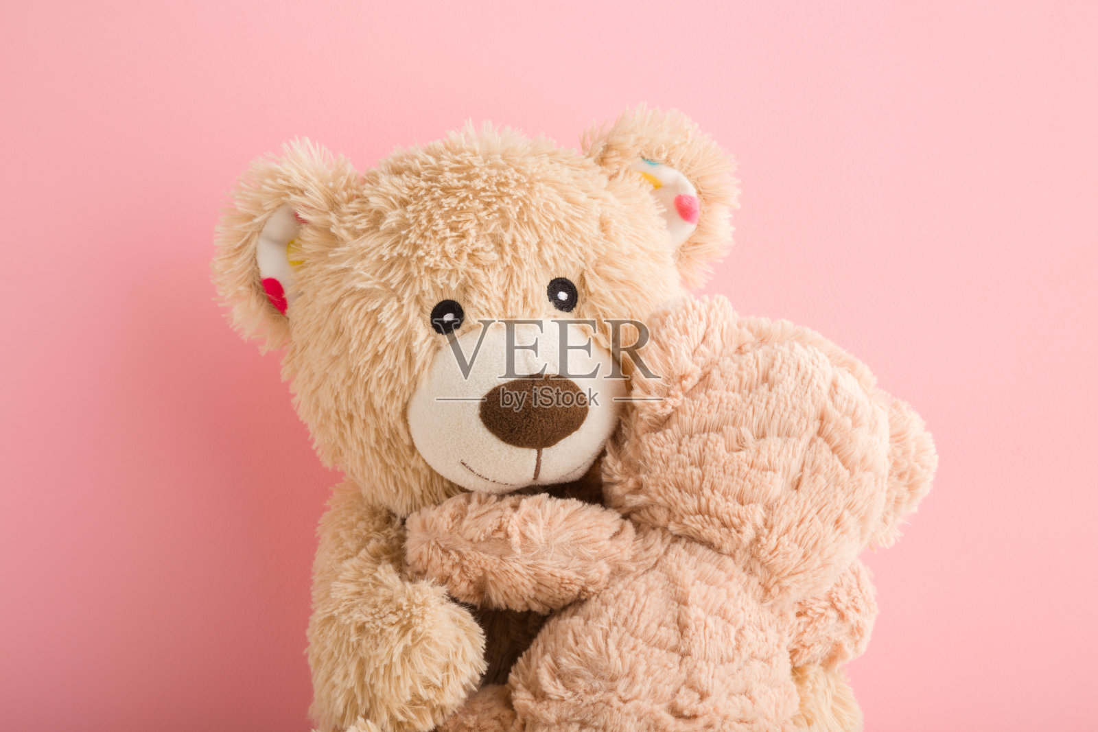 棕色泰迪熊妈妈抱着她的宝宝在浅粉色的背景。可爱的、情感的时刻。特写镜头。前视图。照片摄影图片