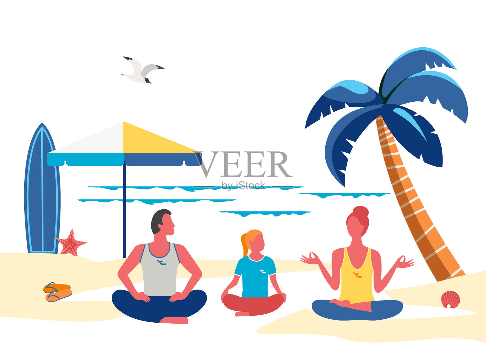 家庭瑜伽训练海边沙滩简约风格插画图片素材
