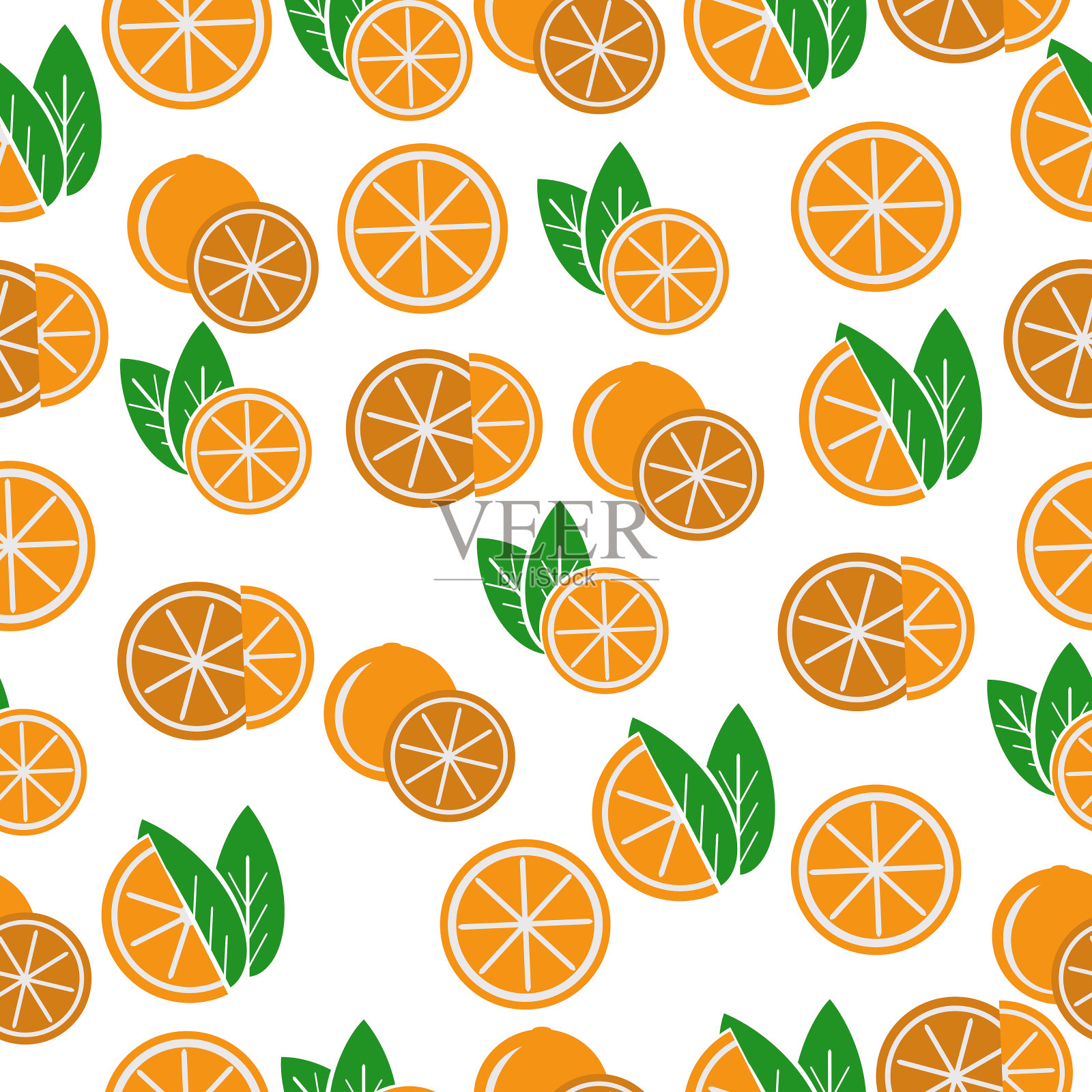 多汁的橙子无缝图案，明亮的柑橘类水果，整个和一半，绿色的叶子在白色的背景设计元素图片