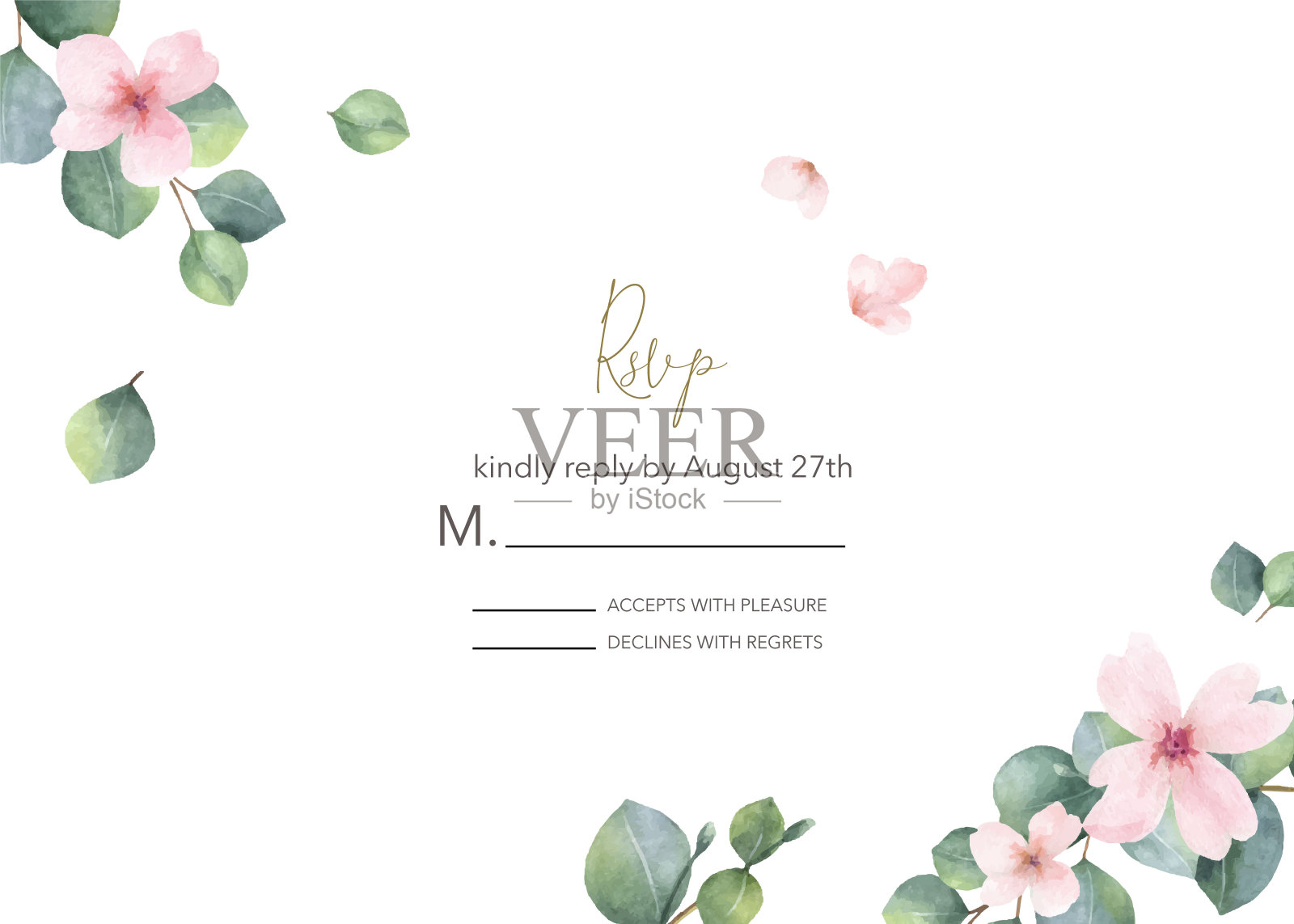 水彩矢量手绘婚礼rsvp卡模板。设计用桉树枝和粉红色的花。明信片插图，日期保存，贺卡设计，花卉邀请。设计模板素材