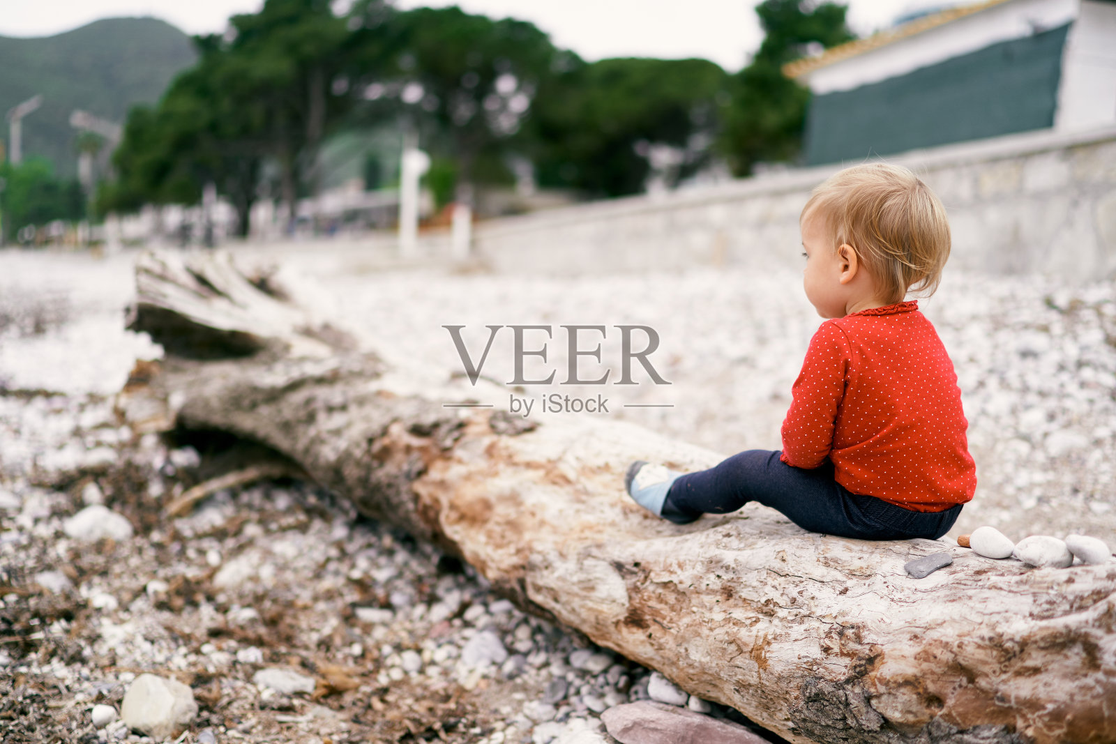 孩子坐在旧甲板上的卵石滩上。后视图照片摄影图片
