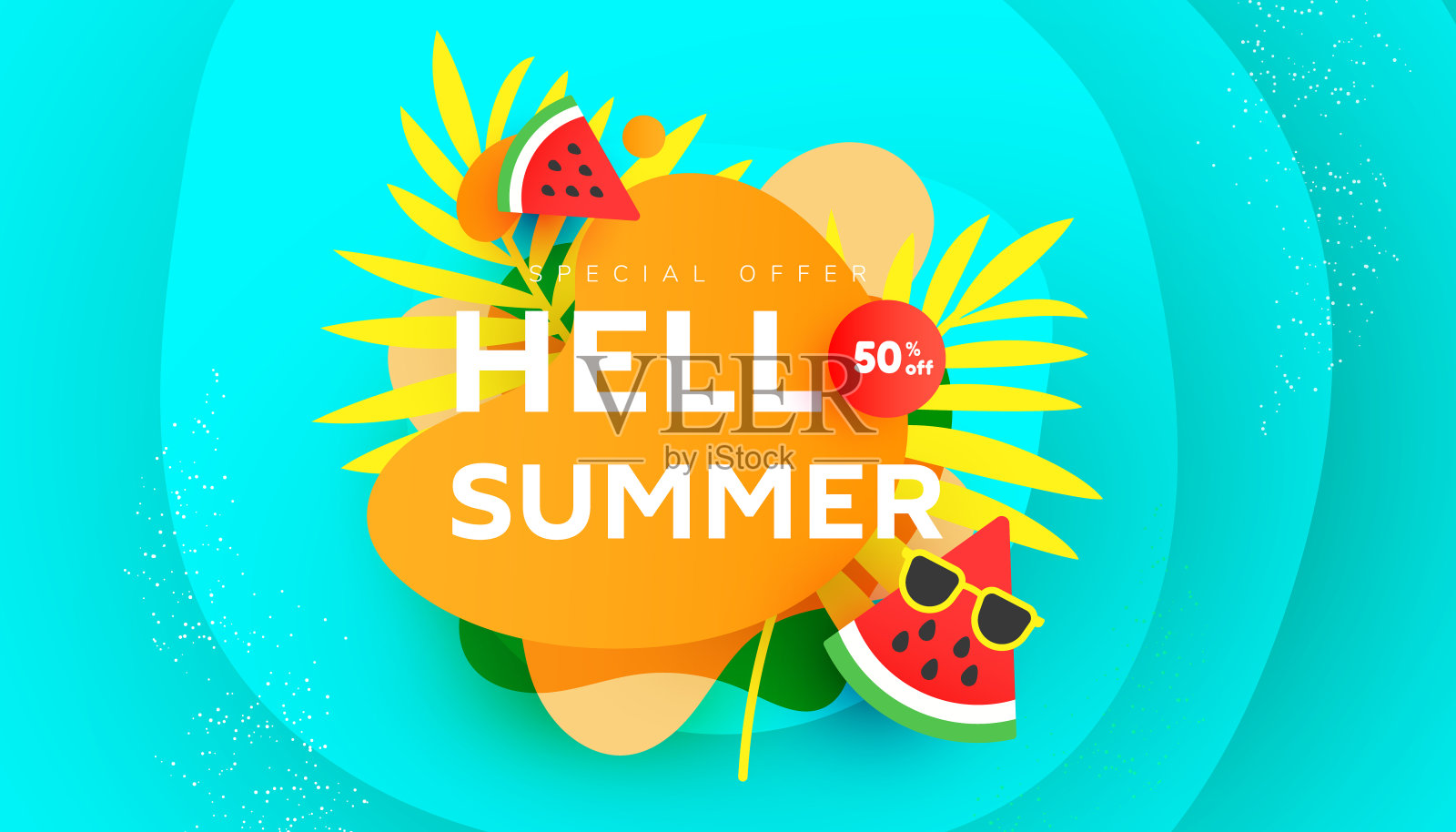 明亮的夏季50%折扣横幅与热带树叶和泡沫形状的彩色背景与地方的广告文本设计模板素材