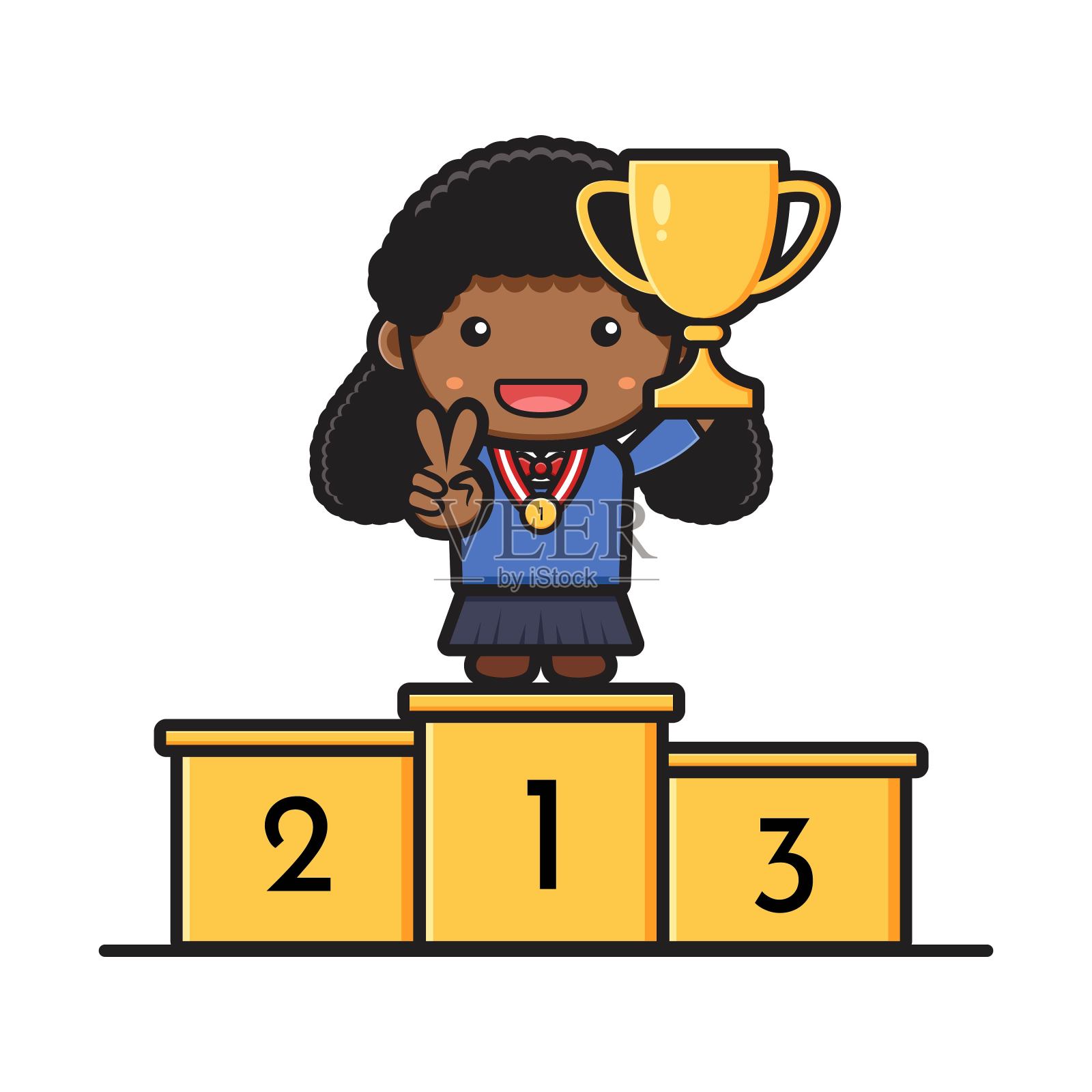 可爱的女孩学生站在领奖台上拿着奖杯排名一卡通图标矢量插图。设计元素图片