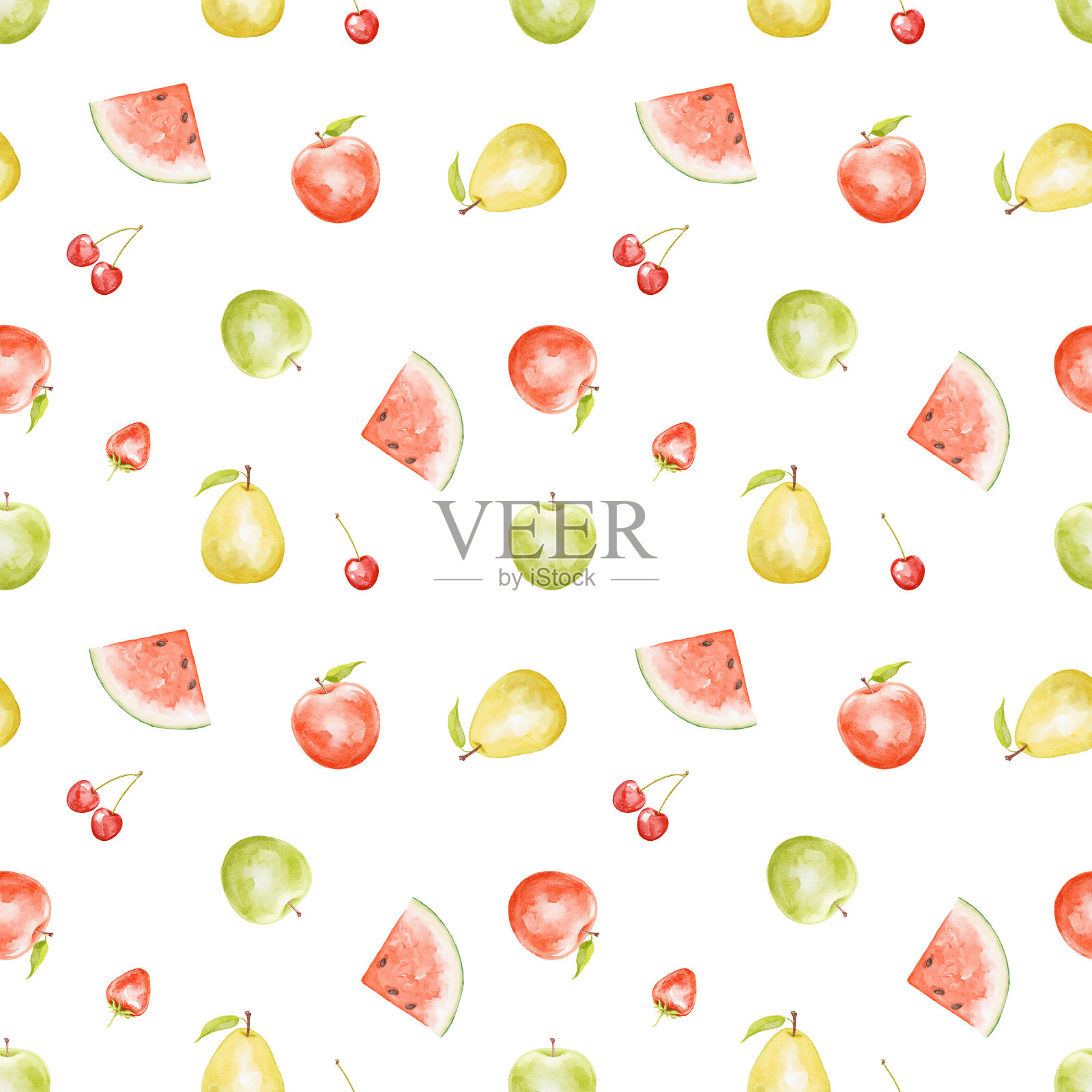 水彩无缝图案与明亮多汁可爱的水果插画图片素材